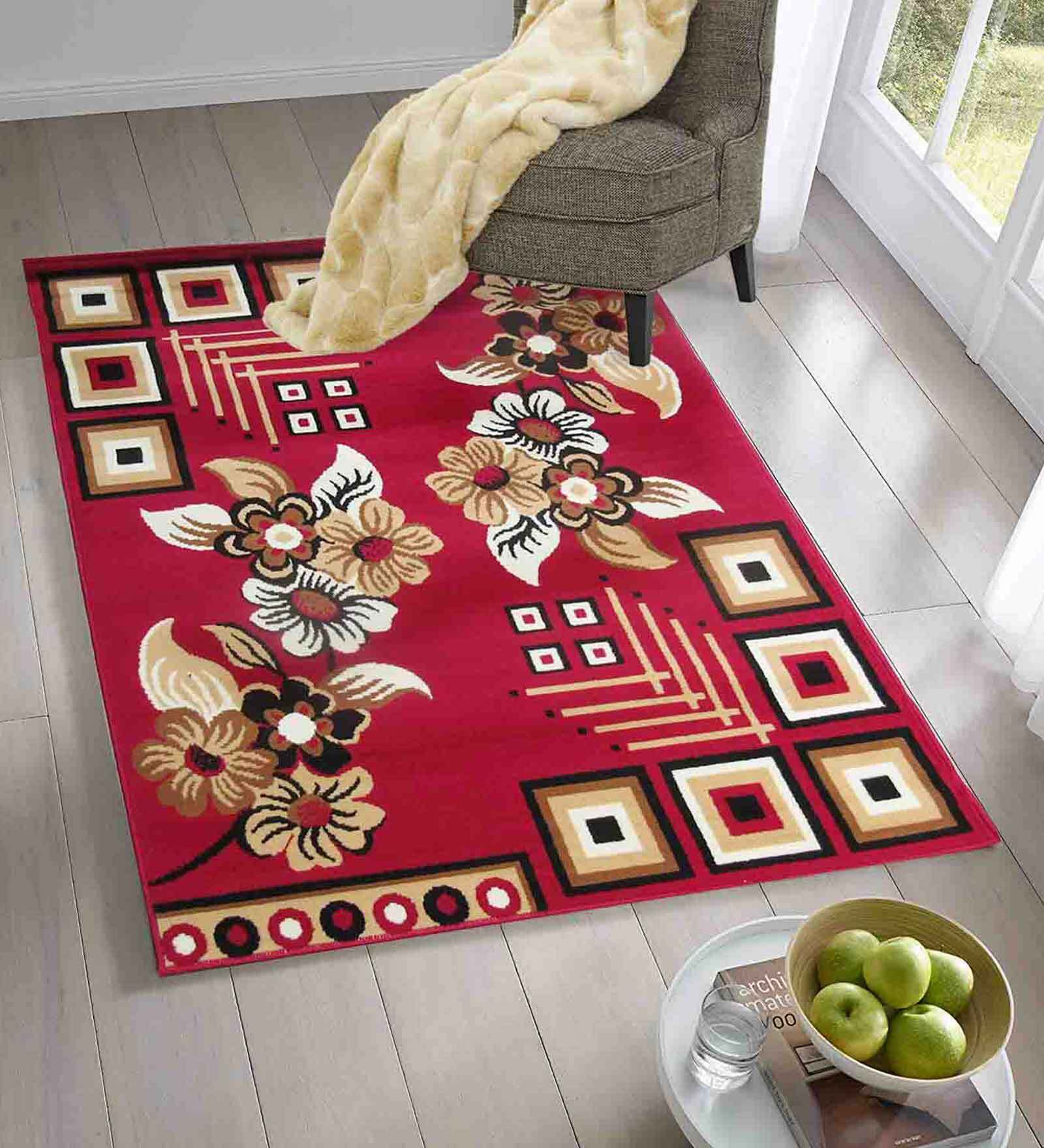 Red Floral Acrylic 5 ft x 7 ft Machine Made Carpet