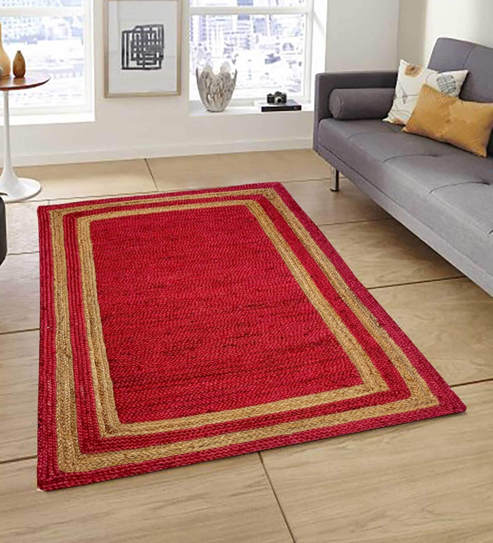 Red Striped Jute 3 ft x 5 ft Hand Woven Carpet