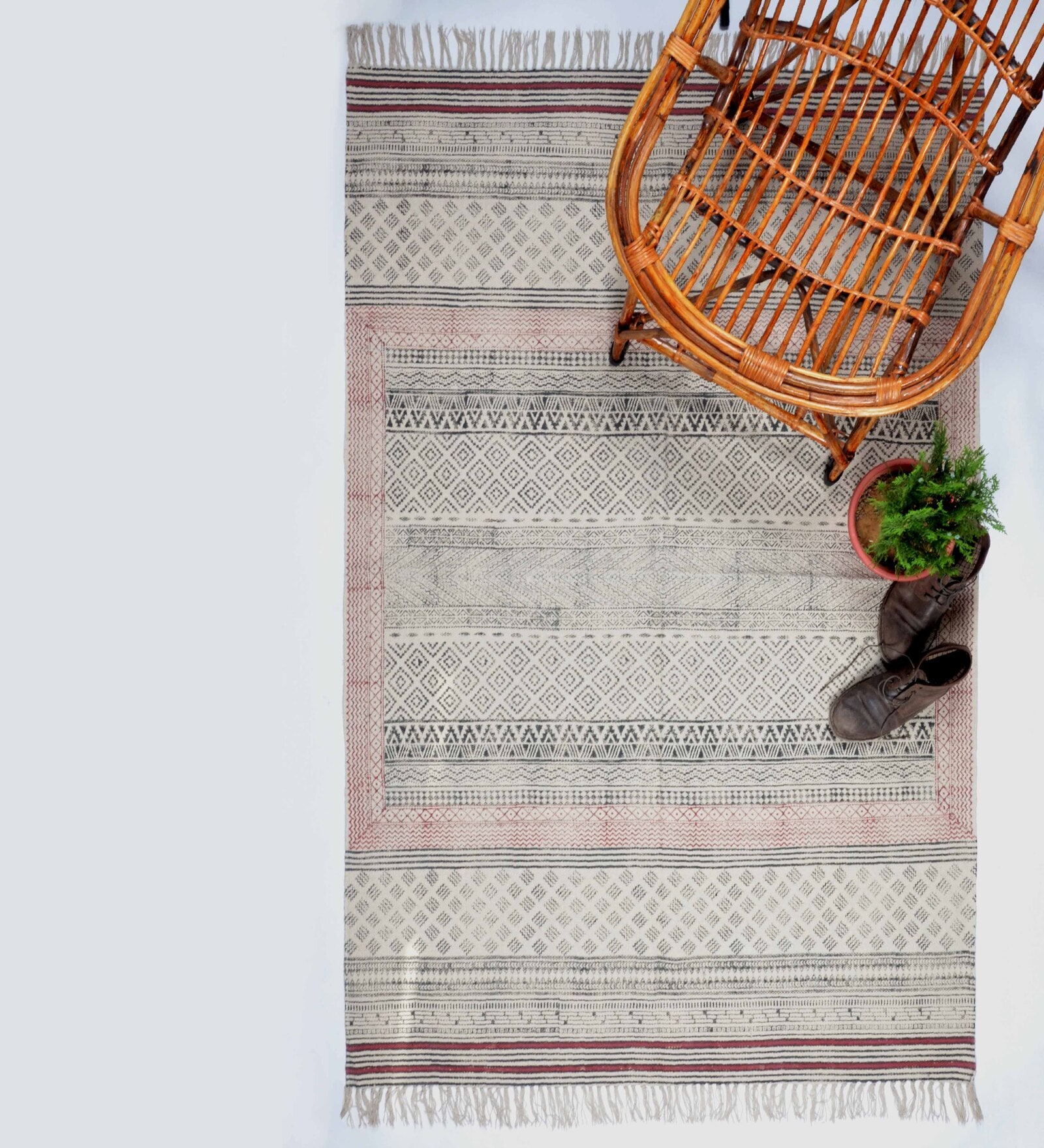 Red and Black Cotton Geometric 6x4 Feet Hand Woven Dhurrie