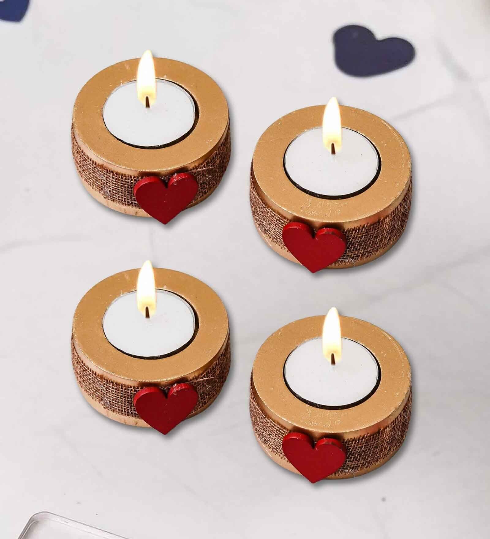 Red and Brown Wooden  Tealight Candle Holder (4 Pcs)