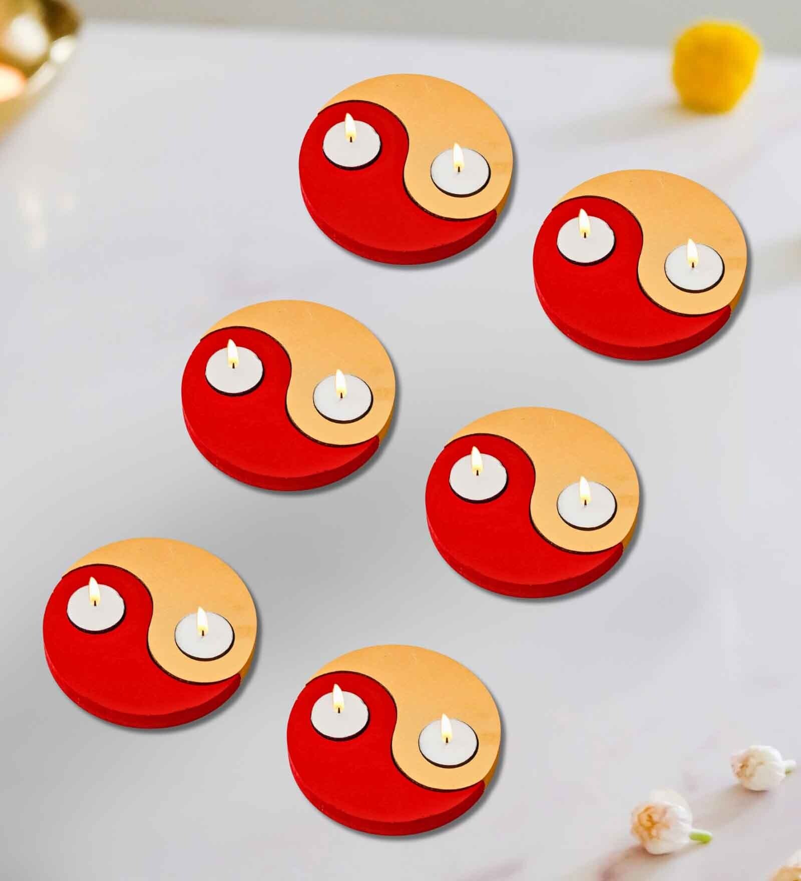 Red and Golden Wooden  Tealight Candle Holder (6 Pcs)