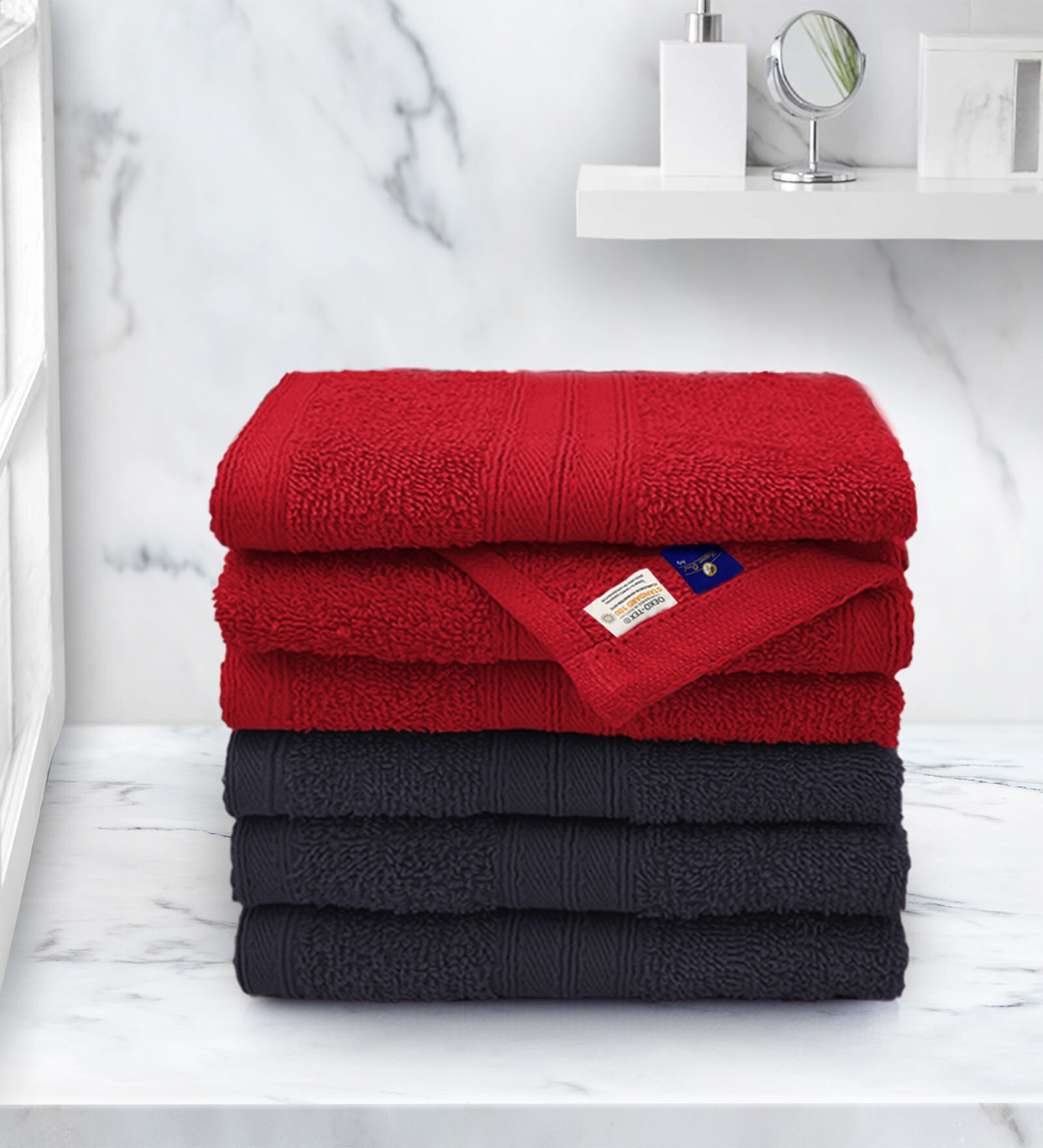 Red and Navy Blue Anatolia Solid 500 GSM Cotton Face Towels (Set Of 6)