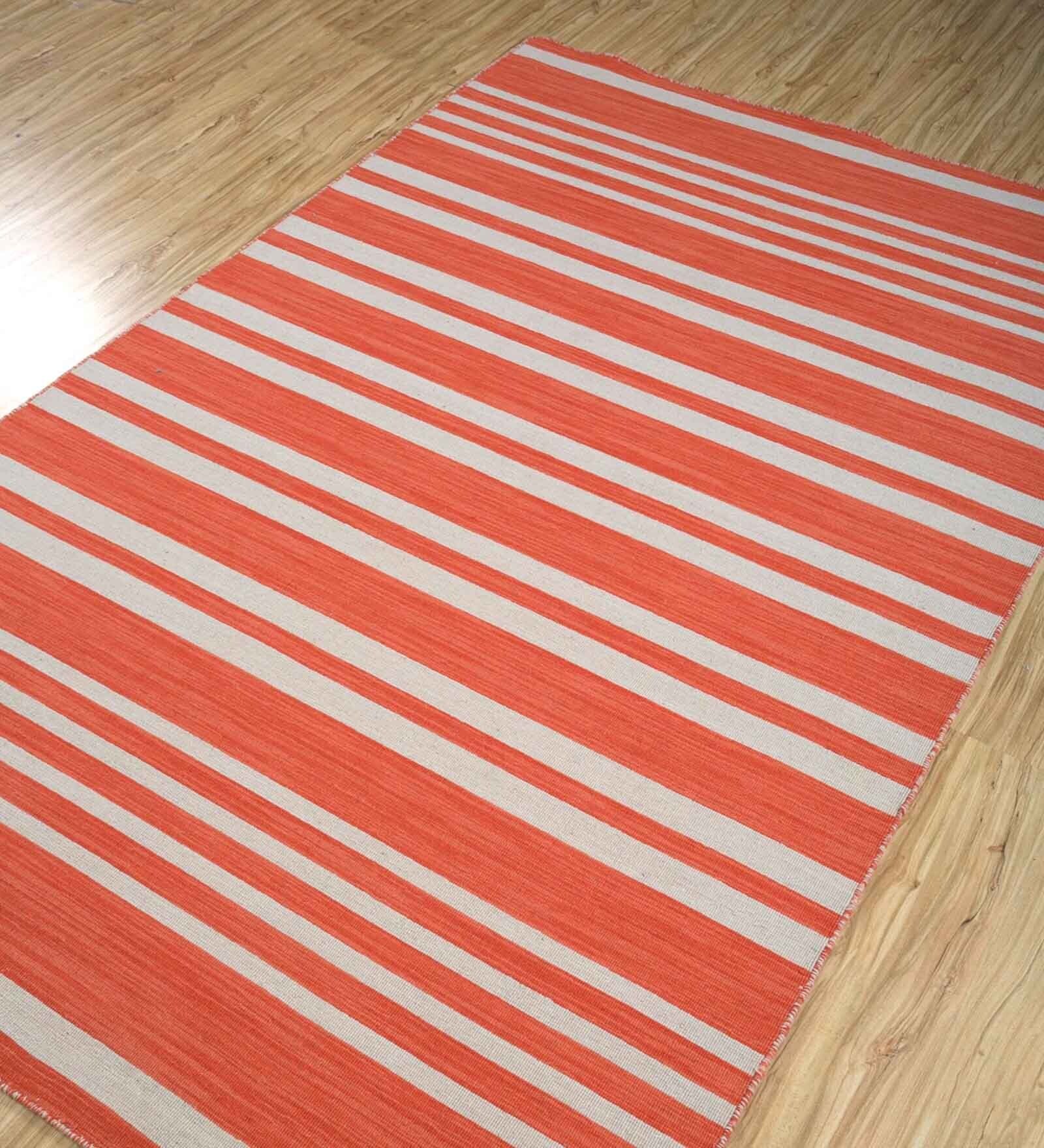 Red Striped Wool 5 ft x 7 ft Flat Weave Dhurrie
