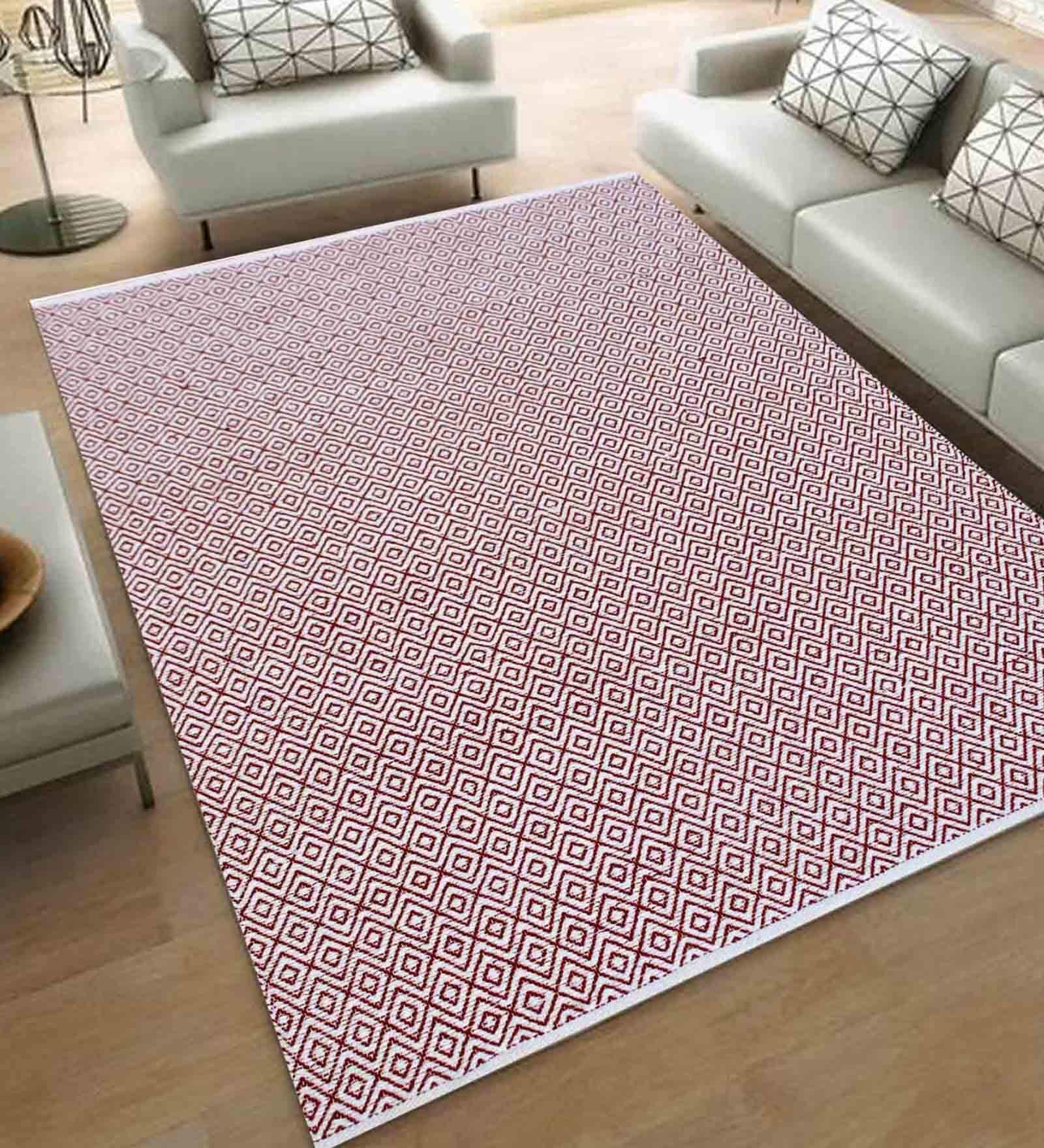 Red and white Derbent Geometric Cotton 4ft x 6ft Hand Woven Carpet