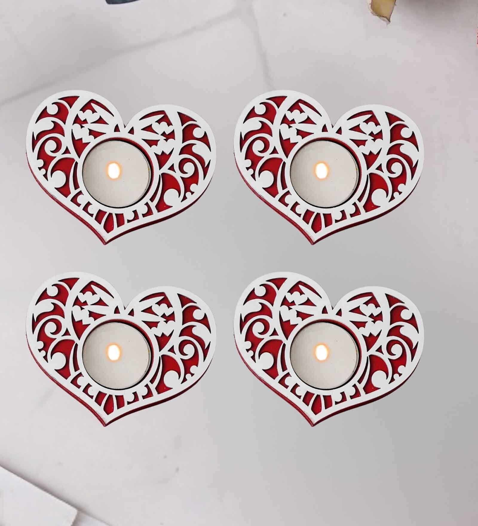 Red and White Wooden  Tealight Candle Holder (4 Pcs)