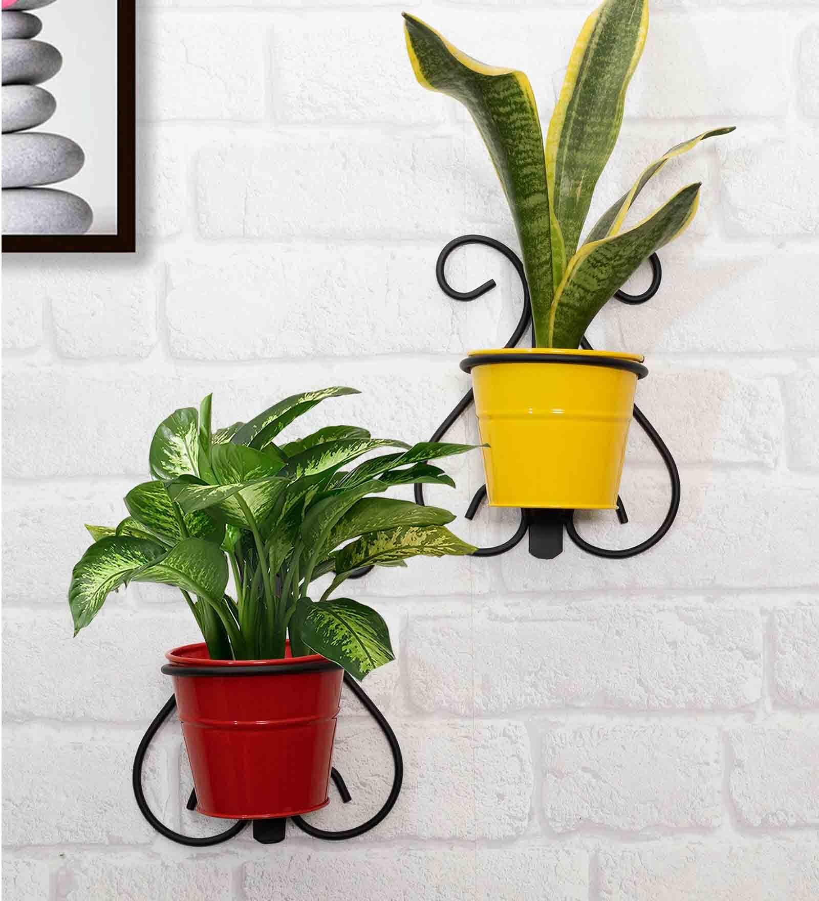 Red and Yellow Metal Indoor and Balcony Wall Planter with Pot (Set of 2)