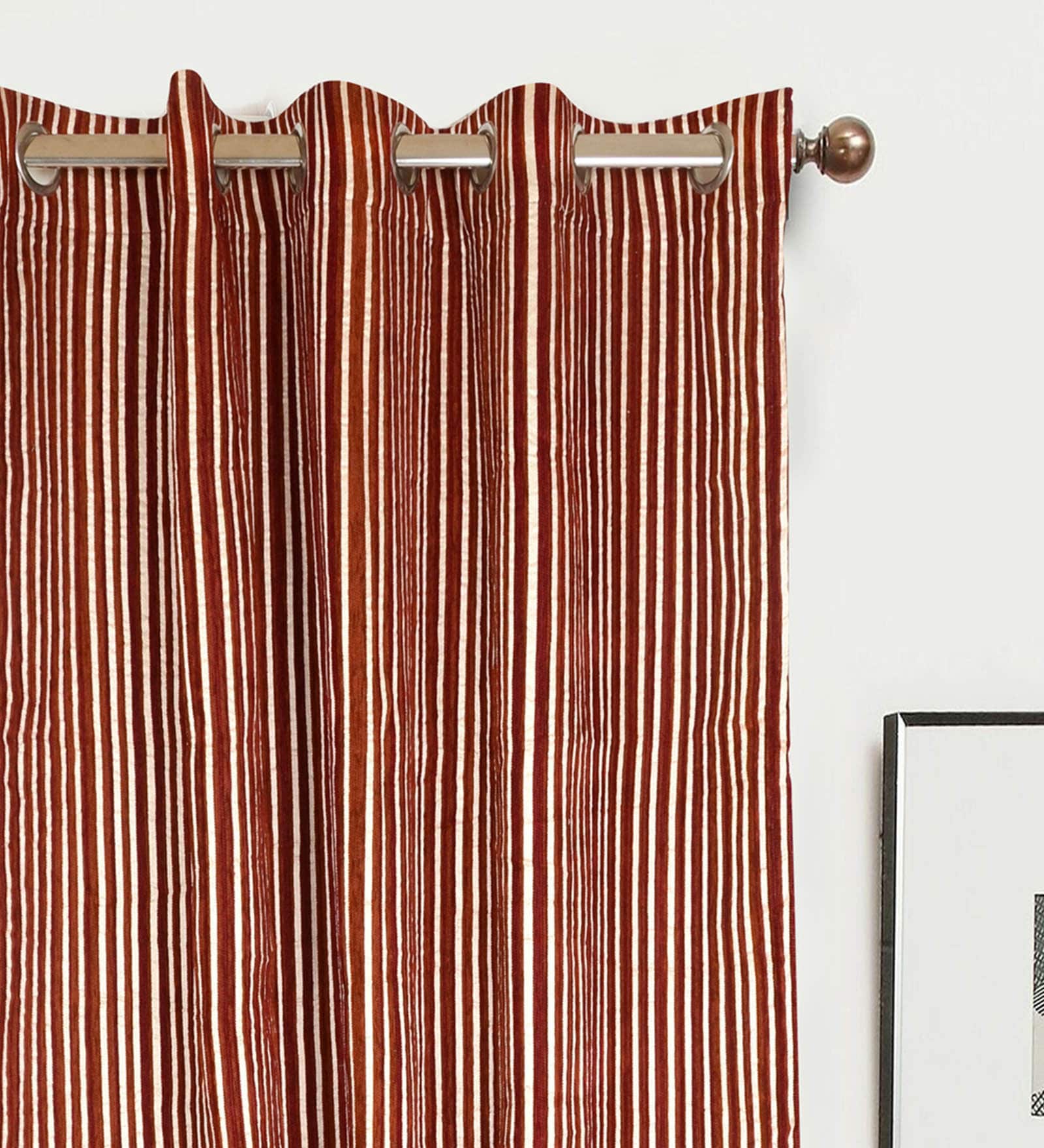 Red Polyester And Chenille Striped 7 Ft Light Filering Eyelet 2 Door Curtains