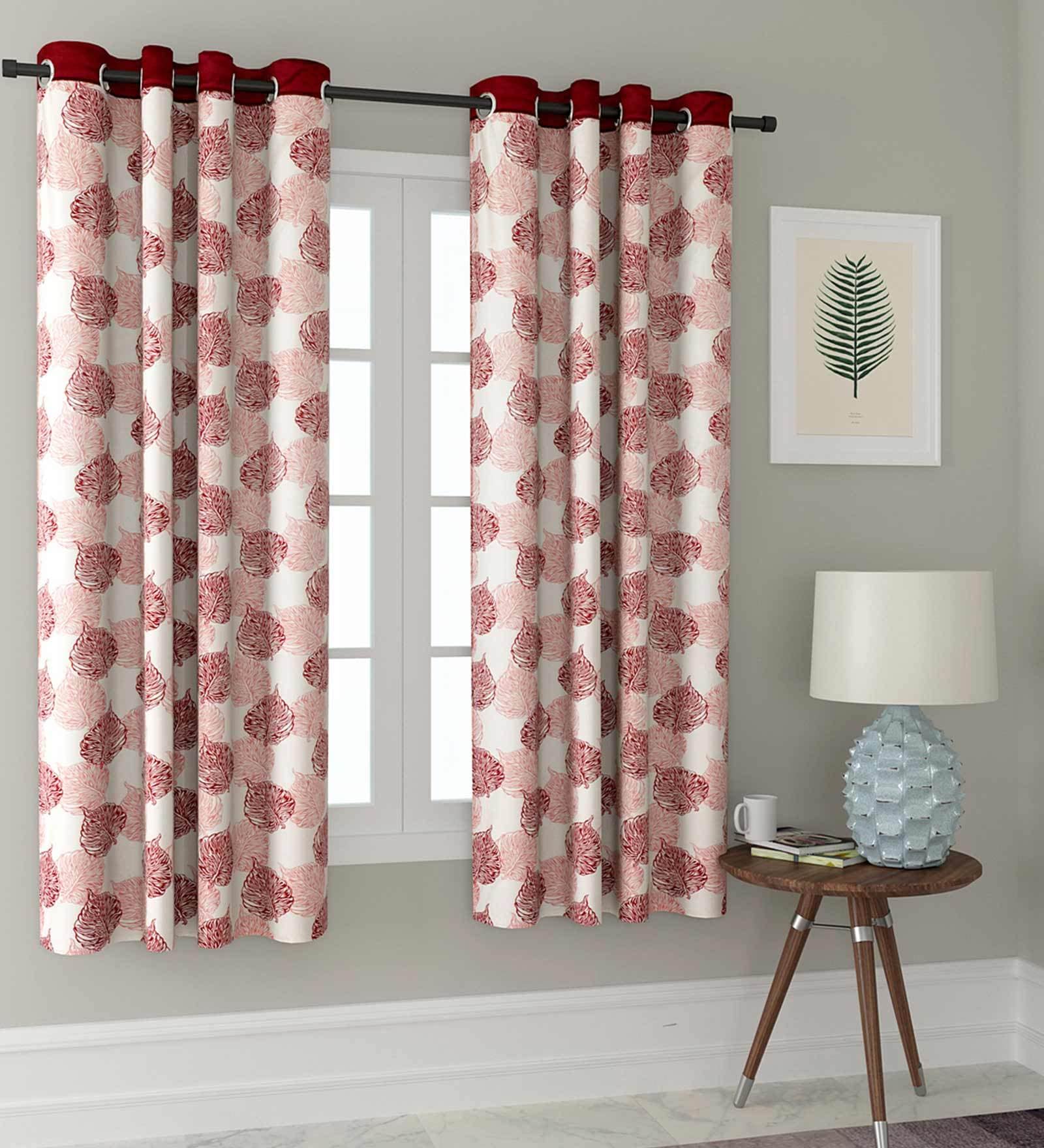 Red Floral Polyester 5 Ft Semisheer Eyelet Window Curtains (Set of 2)