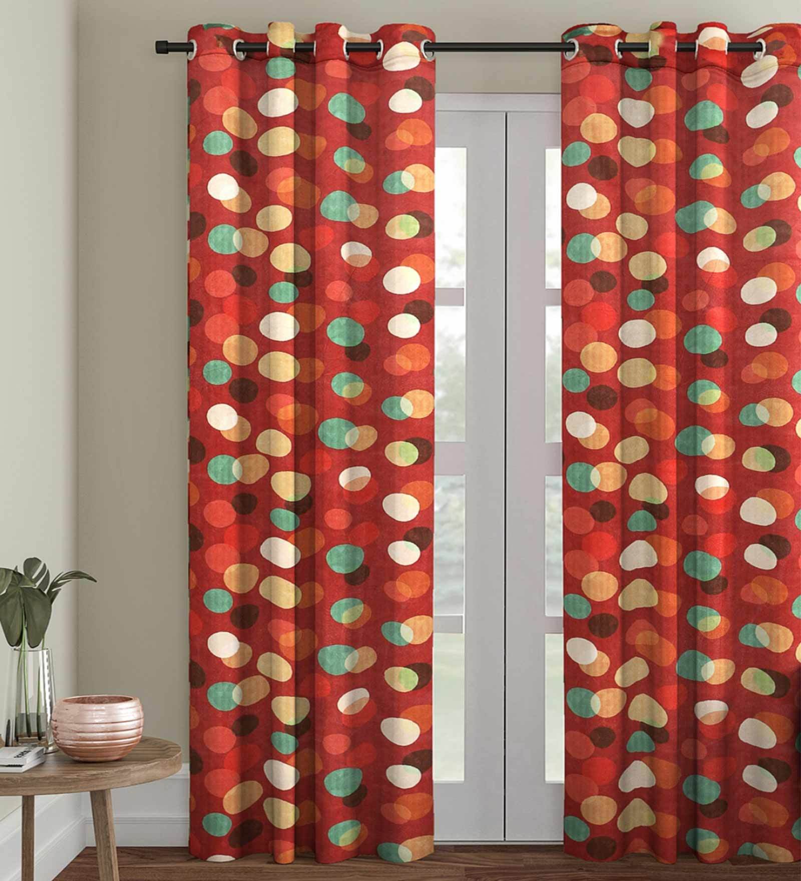 Red Polyester Velvet Geometric 7FT Light Filtering Eyelet Door Curtains (Pack of 1)