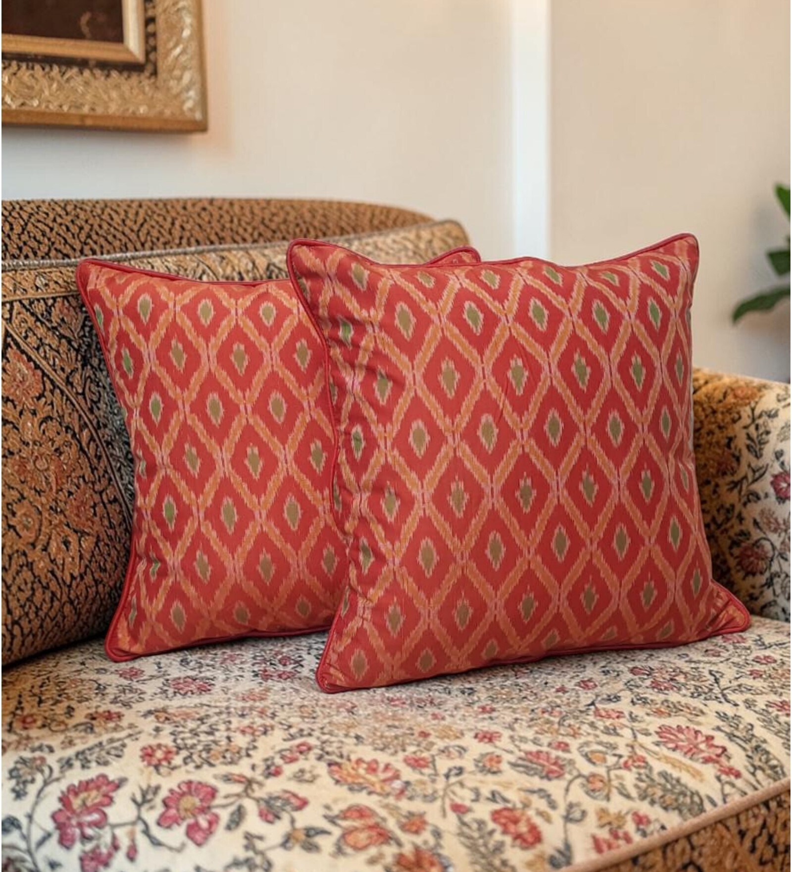 Red Blended Cotton and Silk Woven Ikat 16x16 inches Cushion Covers (Set of 2)