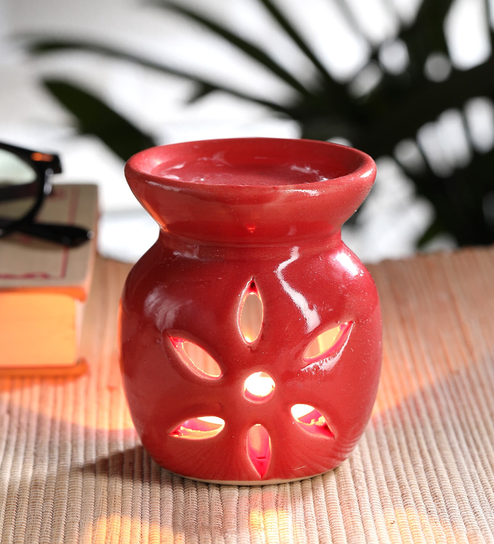 Red Ceramic & Wax Aroma Candle Diffuser With Rose Oil