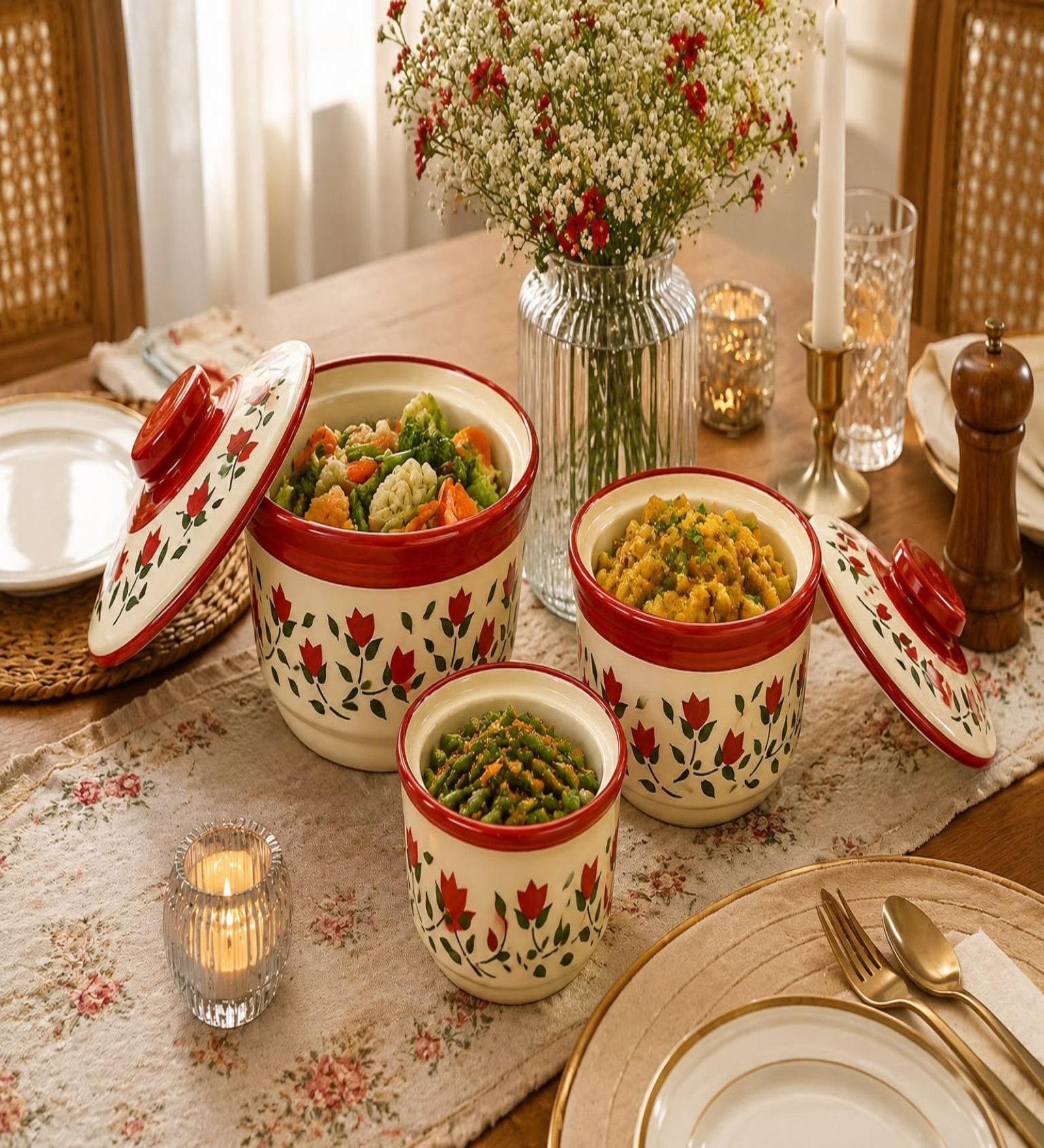 Red Ceramic Bowl Set of 3 with Lid (250 ML, 500 ML & 750 ML)