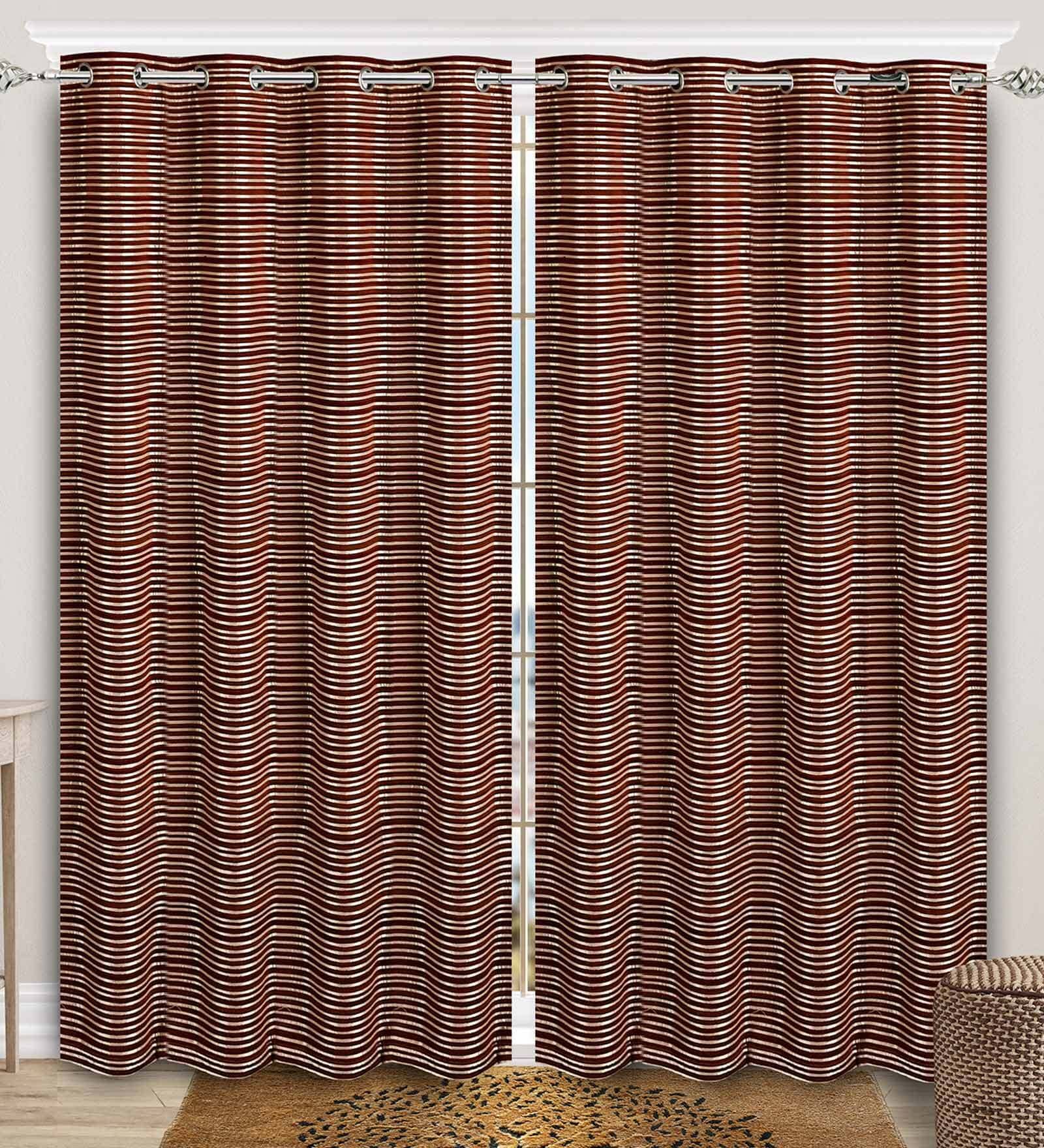 Red Chenille Striped 9 Ft Light Filering Eyelet 2 Door Curtains