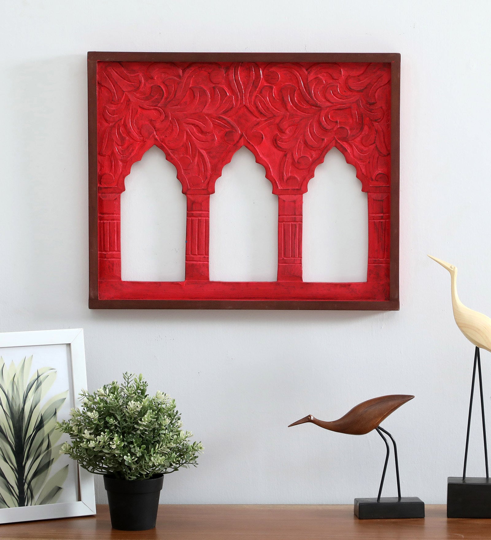 Red Color Handpainted Engineered Wood Carving Jharokha Frame