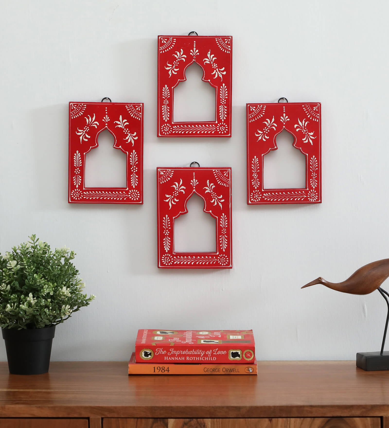 Red Color Handpainted Engineered Wood Carving Set of 4 Jharokha Frame