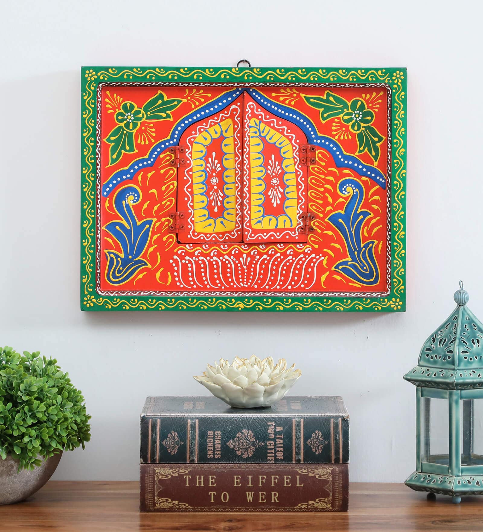 Red Color Handpainted Mango Wood Jharokha Window