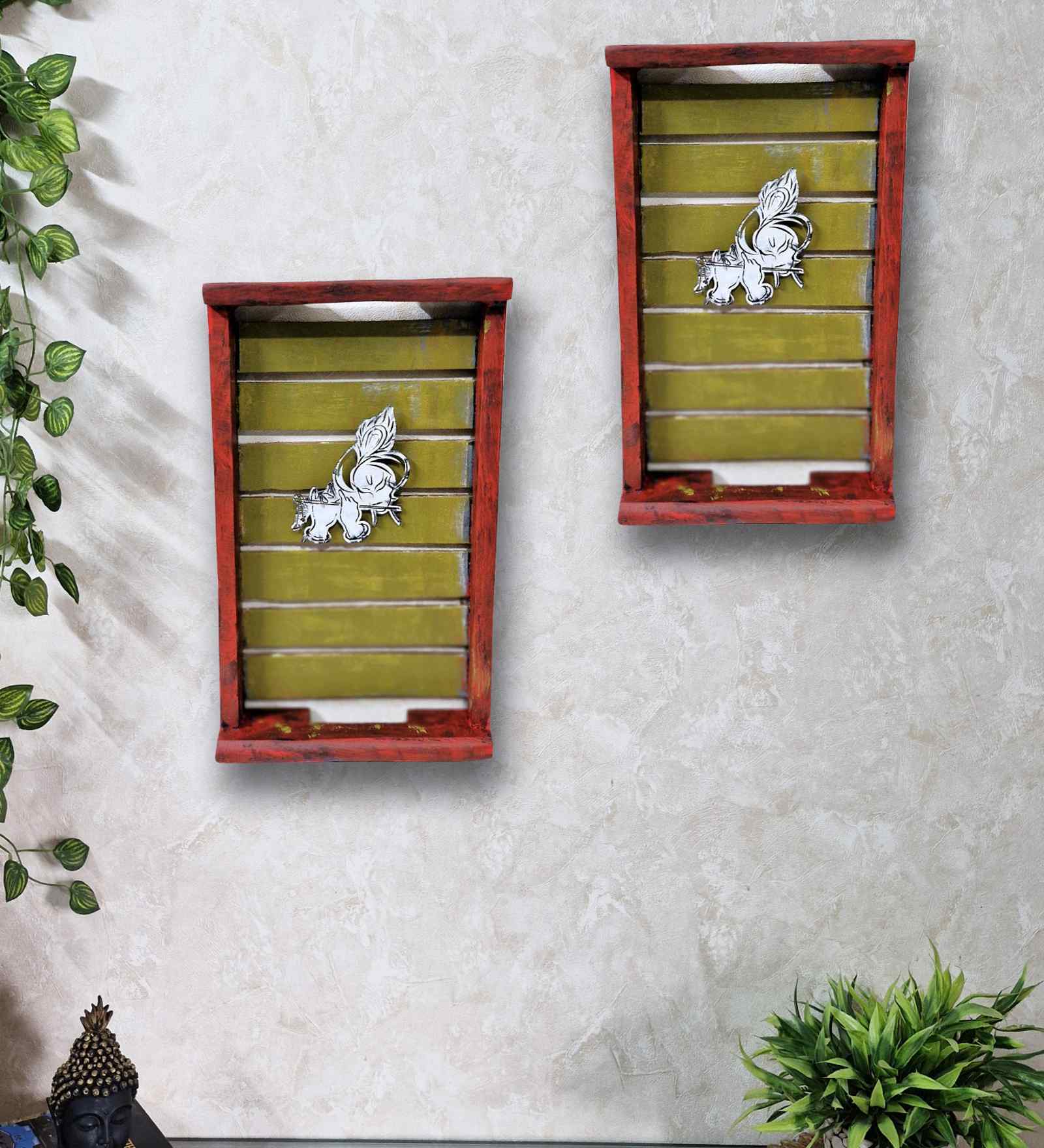 Red Colour Distress Look Sheesham Wood Handcarved Rectangular Set Of 2 Wall Art With Krishna