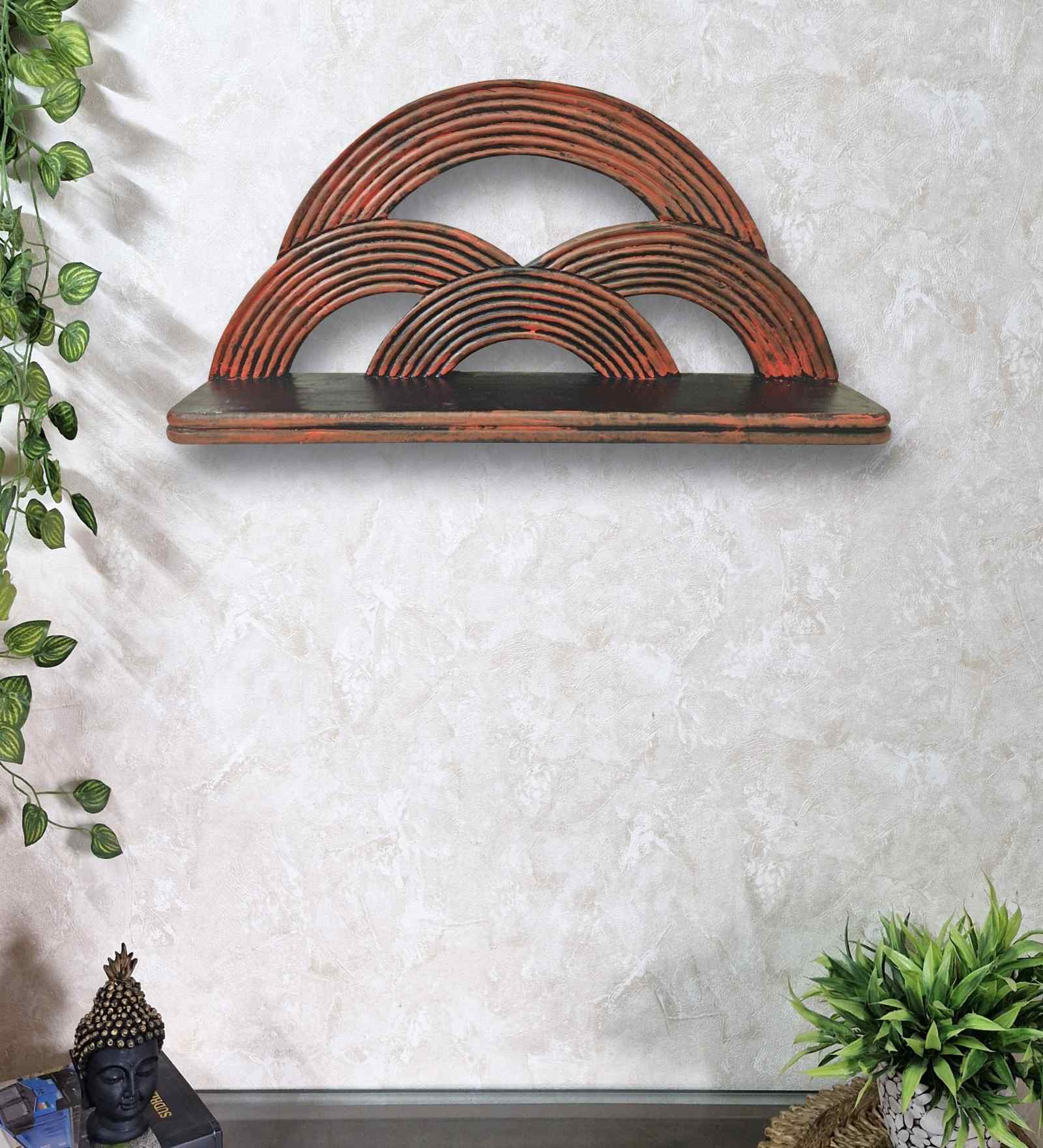 Red Colour Solid Wood Handcarved Floating Wall Shelf In Rainbow Design