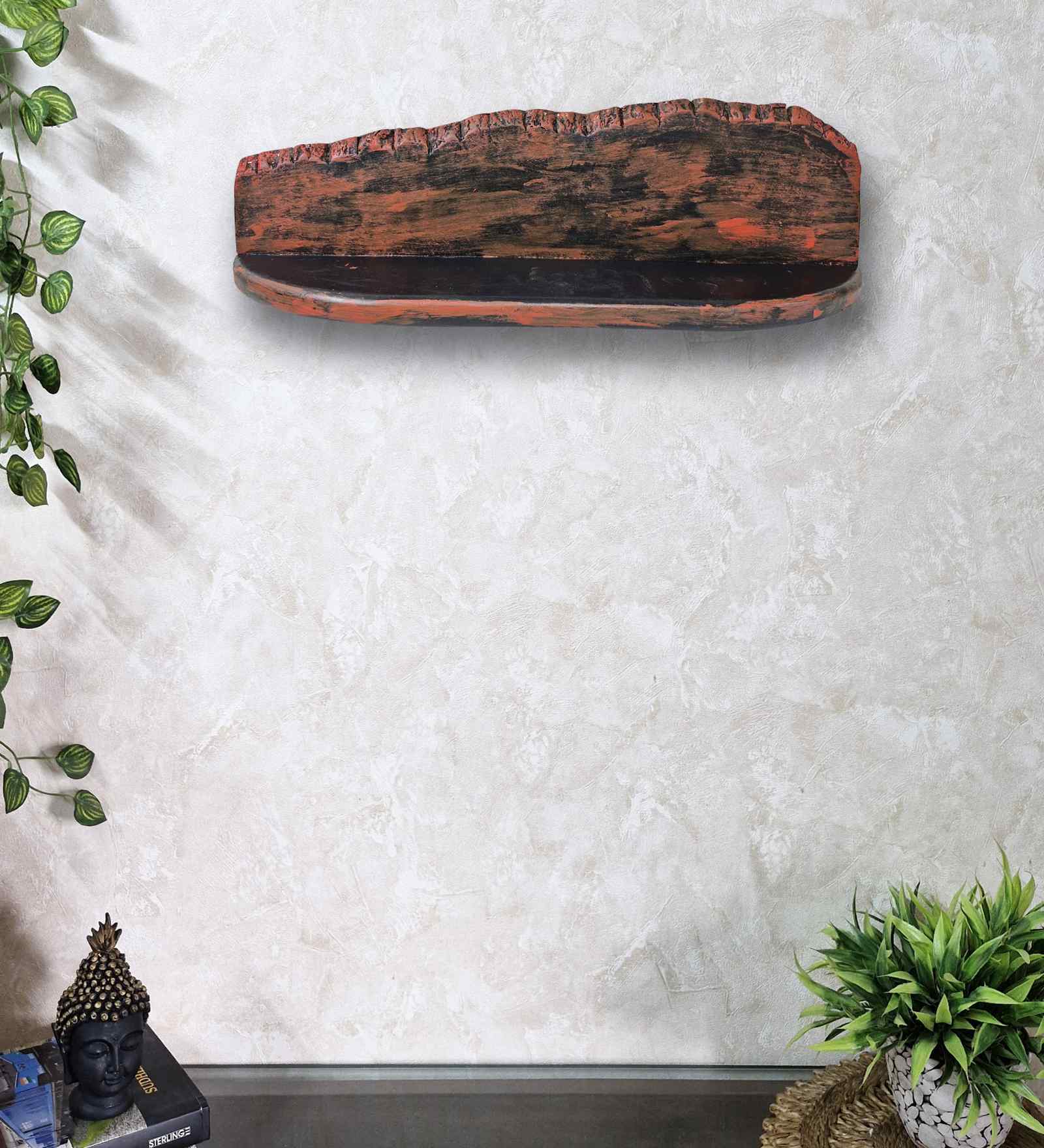 Red Colour Solid Wood Wall Shelf With Bark Lining