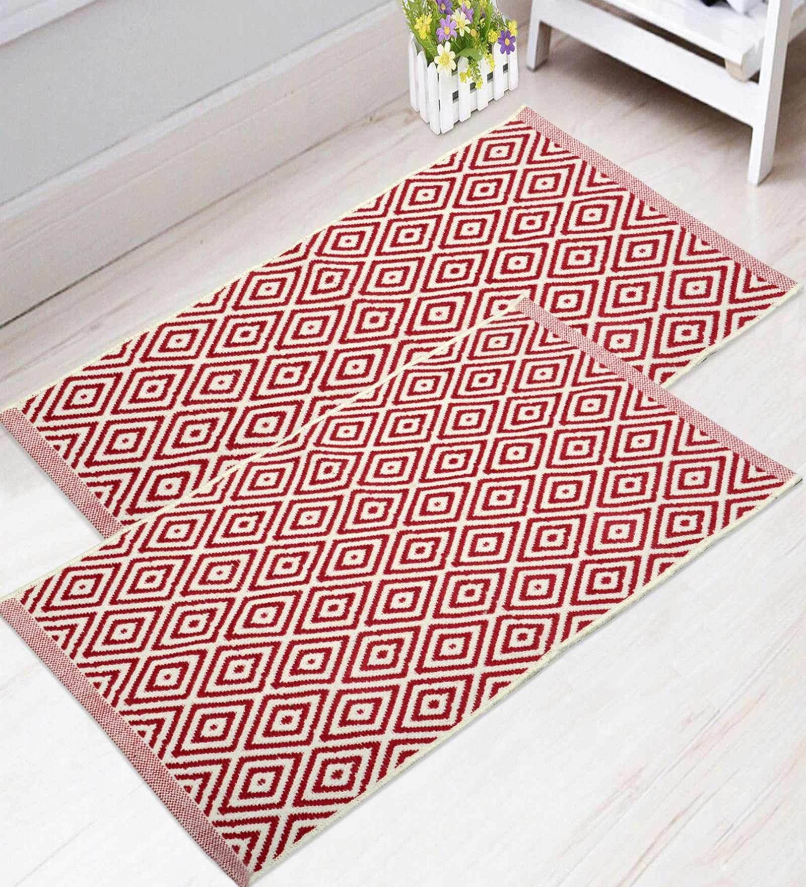 Red Cotton 2 ft x 3 ft Hand Woven Dhurrie
