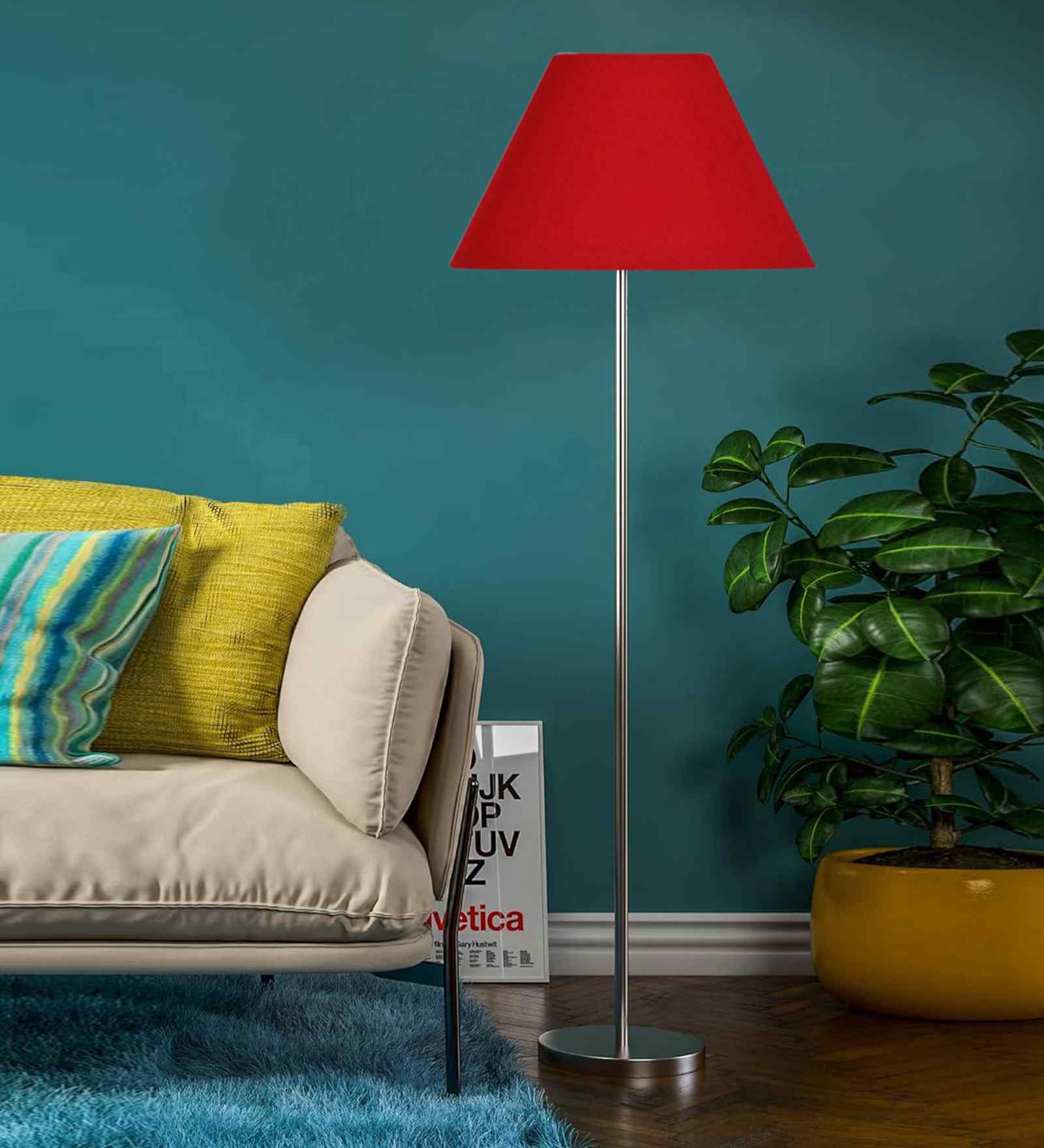 Red Cotton Conical Shade Steel Floor Lamp Steel Base
