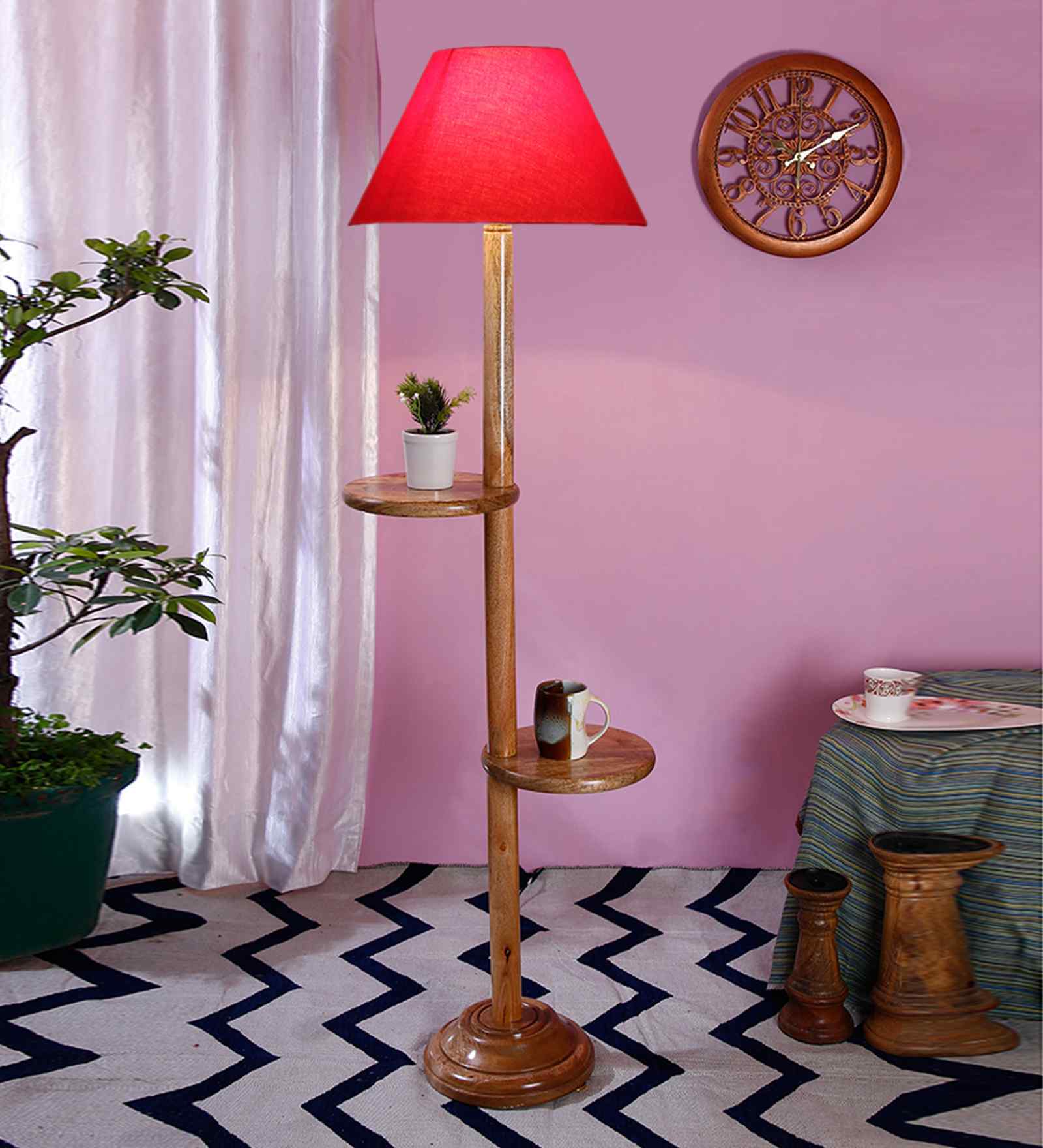 Red Cotton Conical Wooden Floor Lamp
