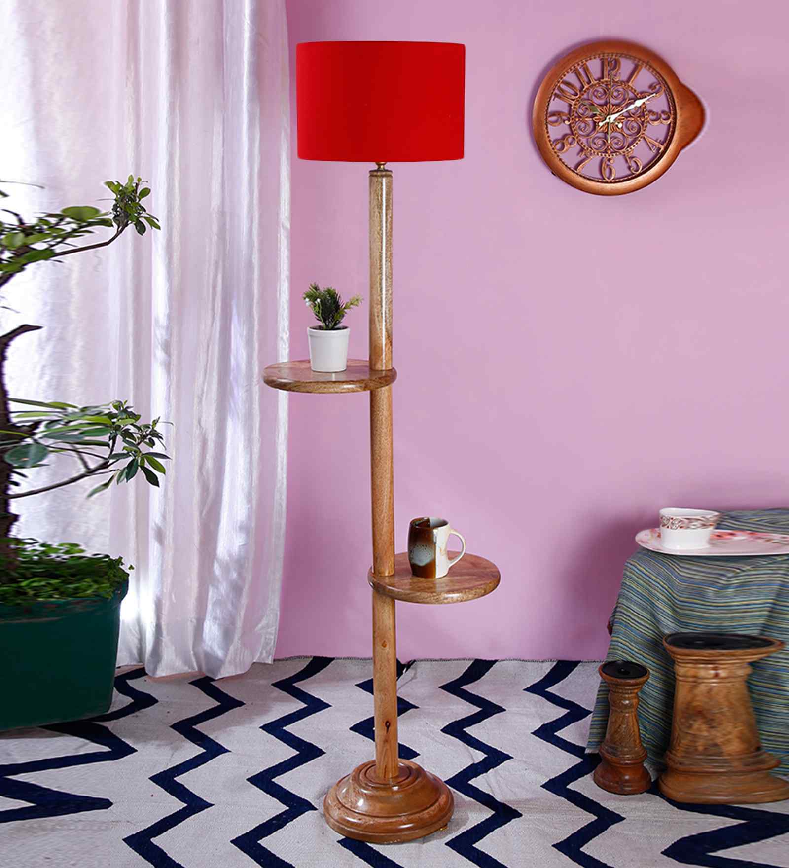 Red Cotton Drum Wooden Floor Lamp