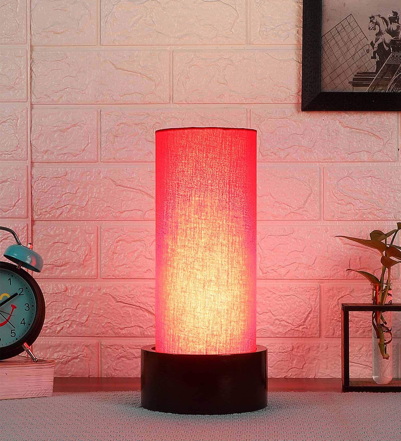 Red Cotton Fabric Shade Table Lamp With Wood Base