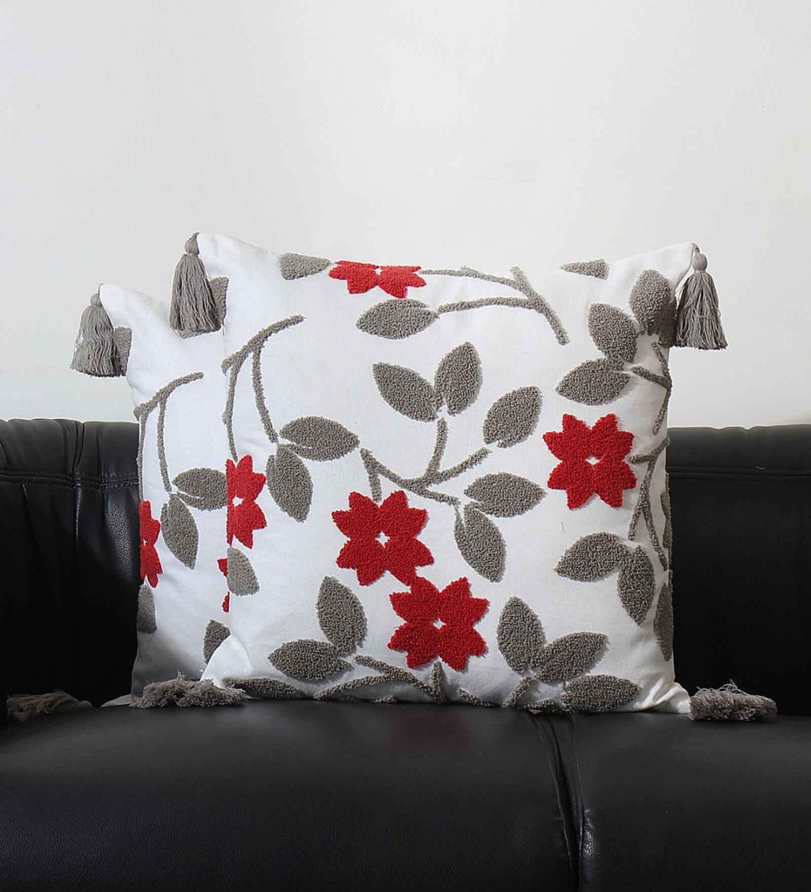 Red Cotton Floral 18x18 inches Cushion Covers (Set of 2)