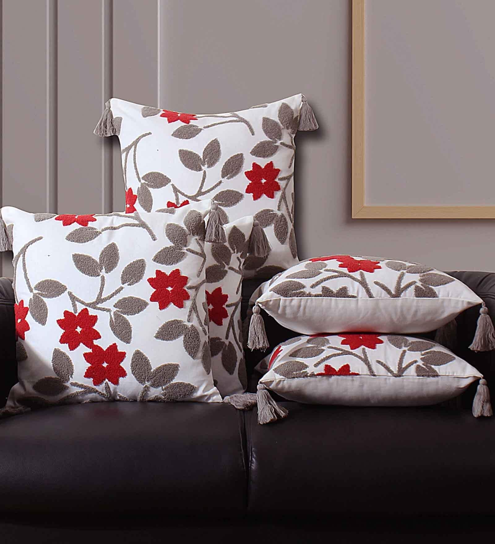 Red Cotton Floral 18x18 inches Cushion Covers (Set of 5)