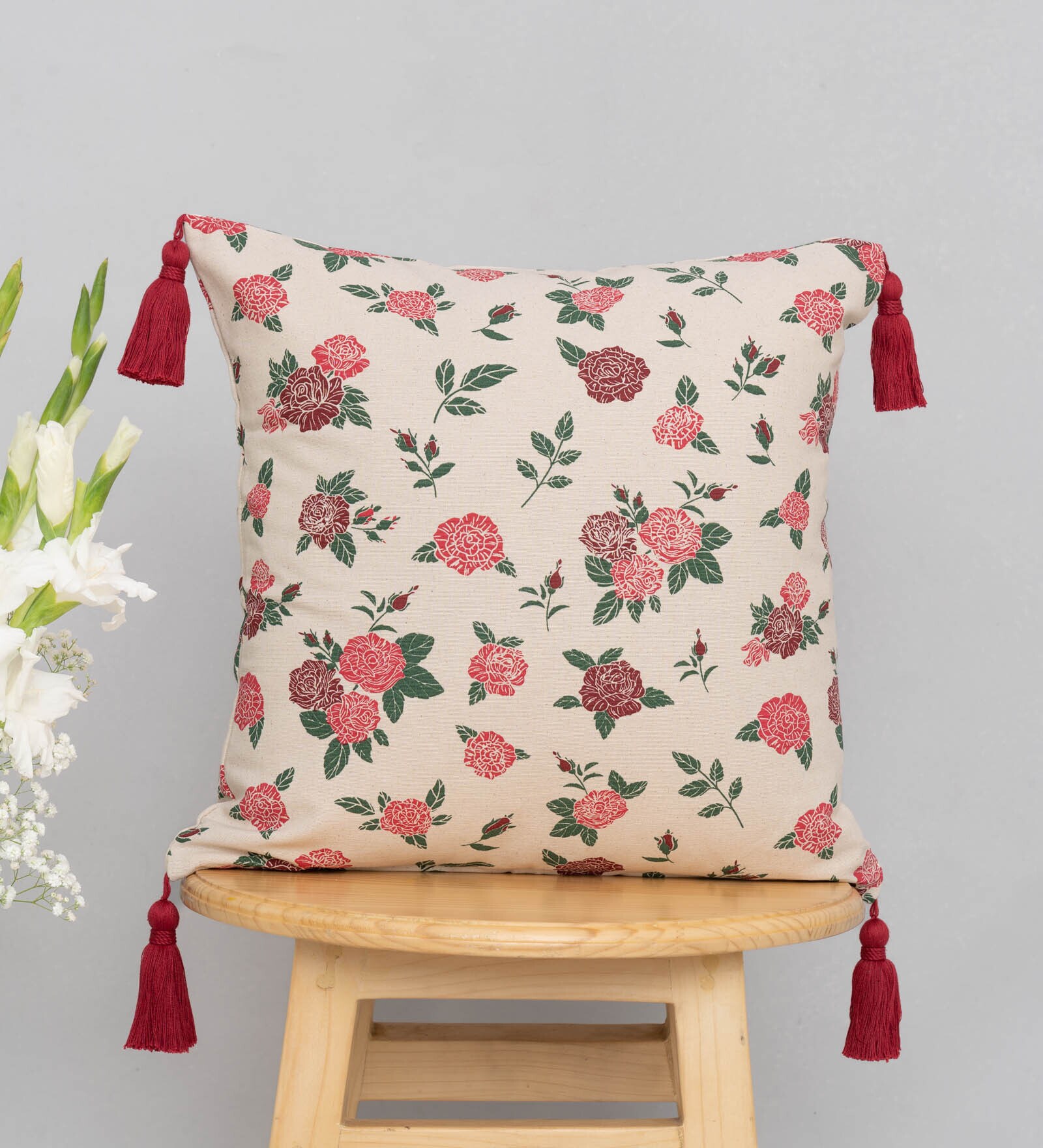 Red Cotton Floral 24x24 inches Cushion Cover