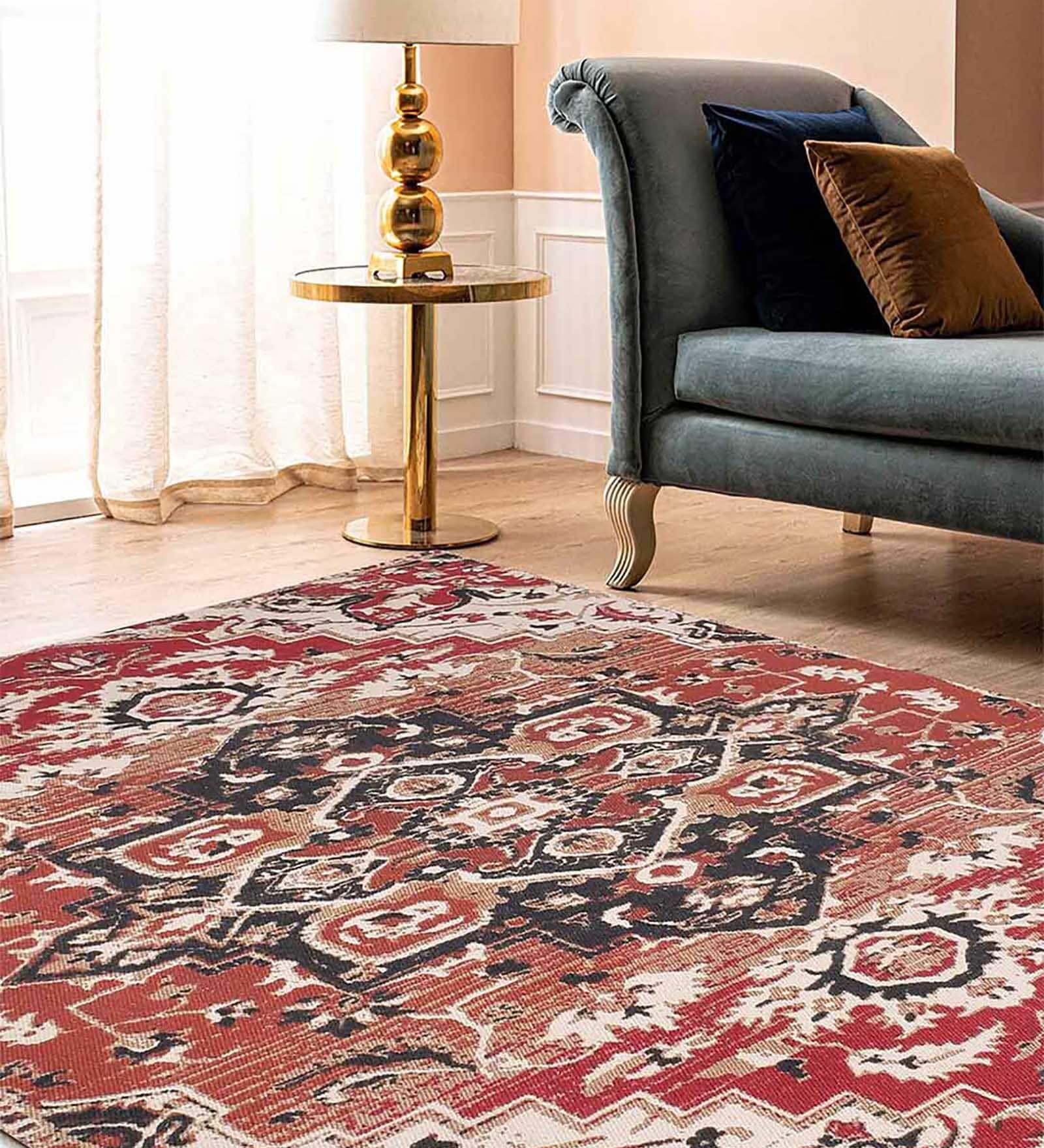 Red Cotton Floral 5.7 x 4 Feet Dhurries
