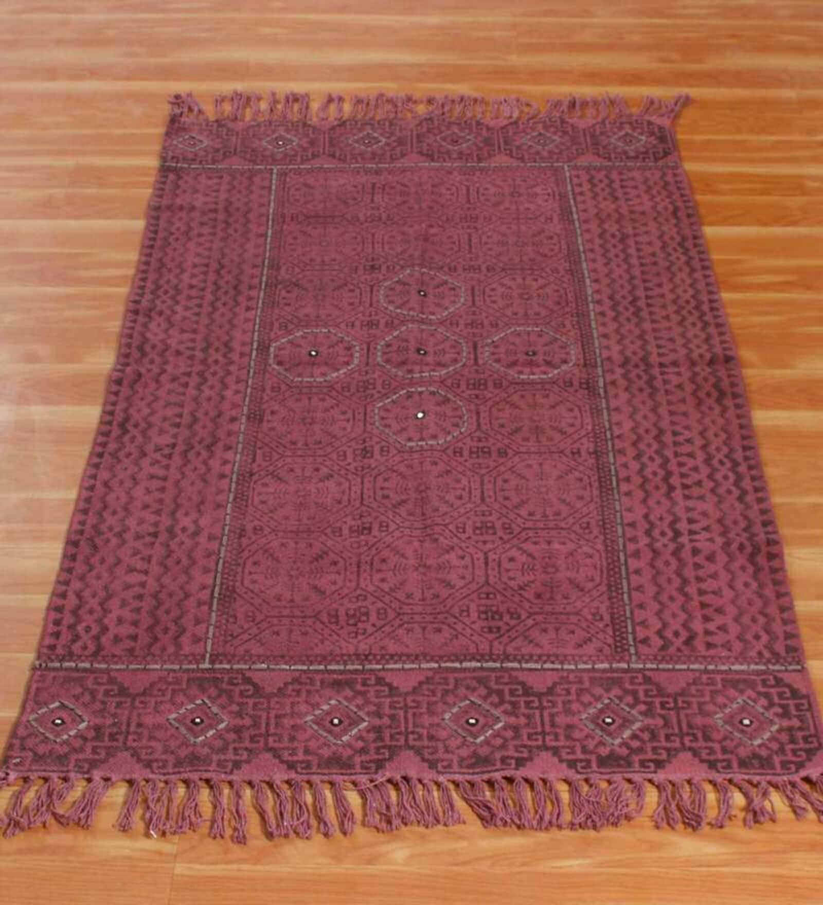 Red Cotton Geometric 5 x 8 Hand Woven Dhurrie