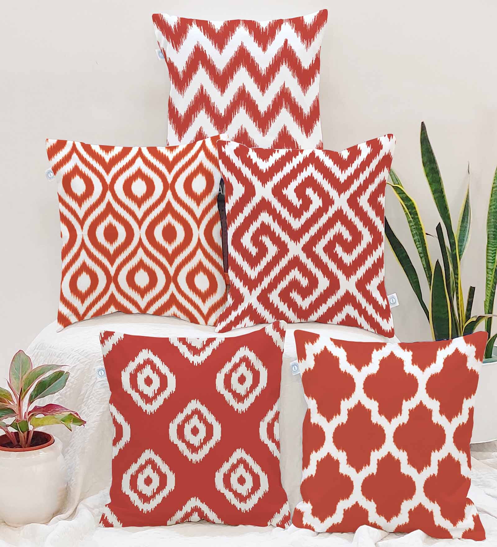 Red Cotton Geometric 16x16 inches Cushion Covers (Pack of 5)