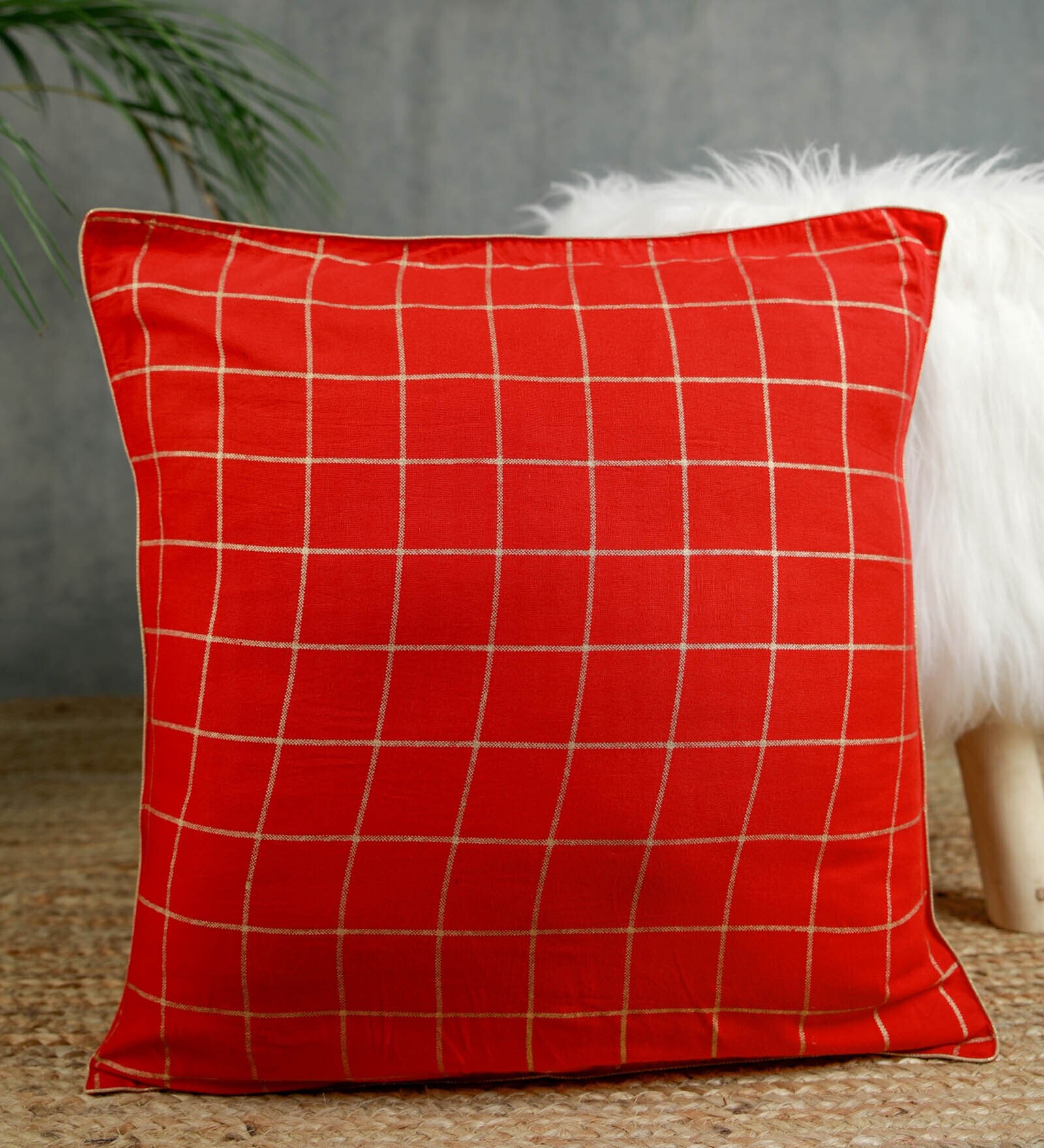 Red Geometric Cotton 18 x 18 Inches Cushion Cover