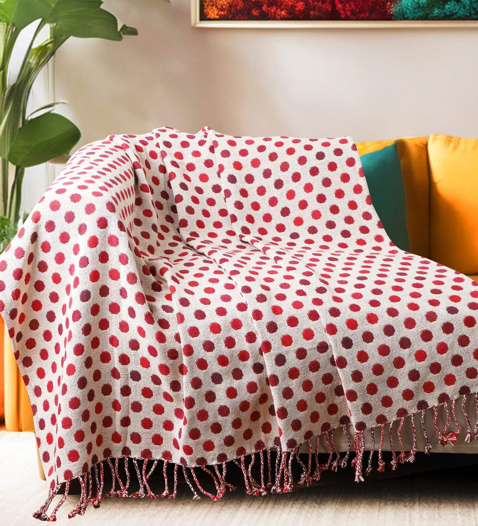 Red Cotton Geometric 80x60 Inches Sofa Throw