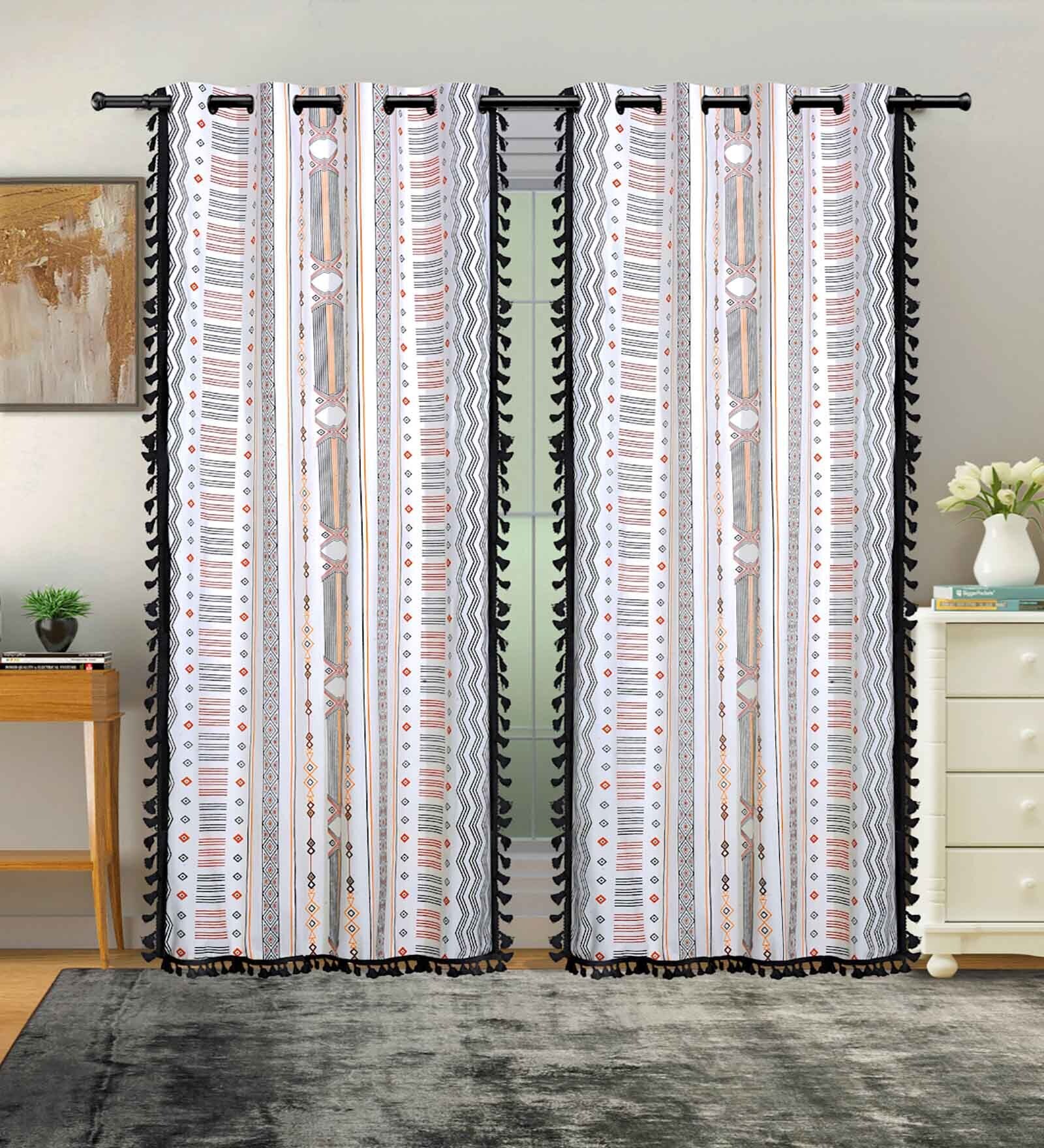 Red Cotton Geometric 9Ft Light Filtering Eyelet (Set Of 2) Long Door Curtains