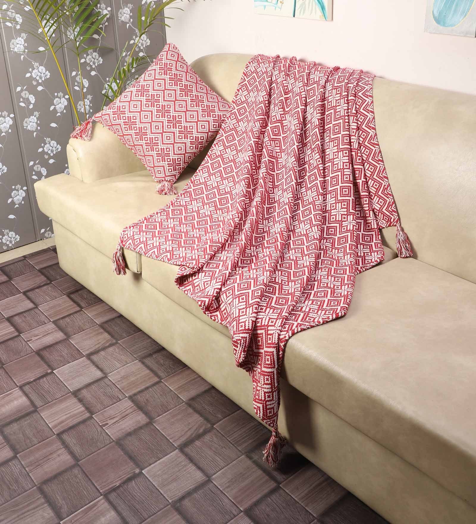 Red Cotton Woven Pattern 68 X 52 Inch Throw