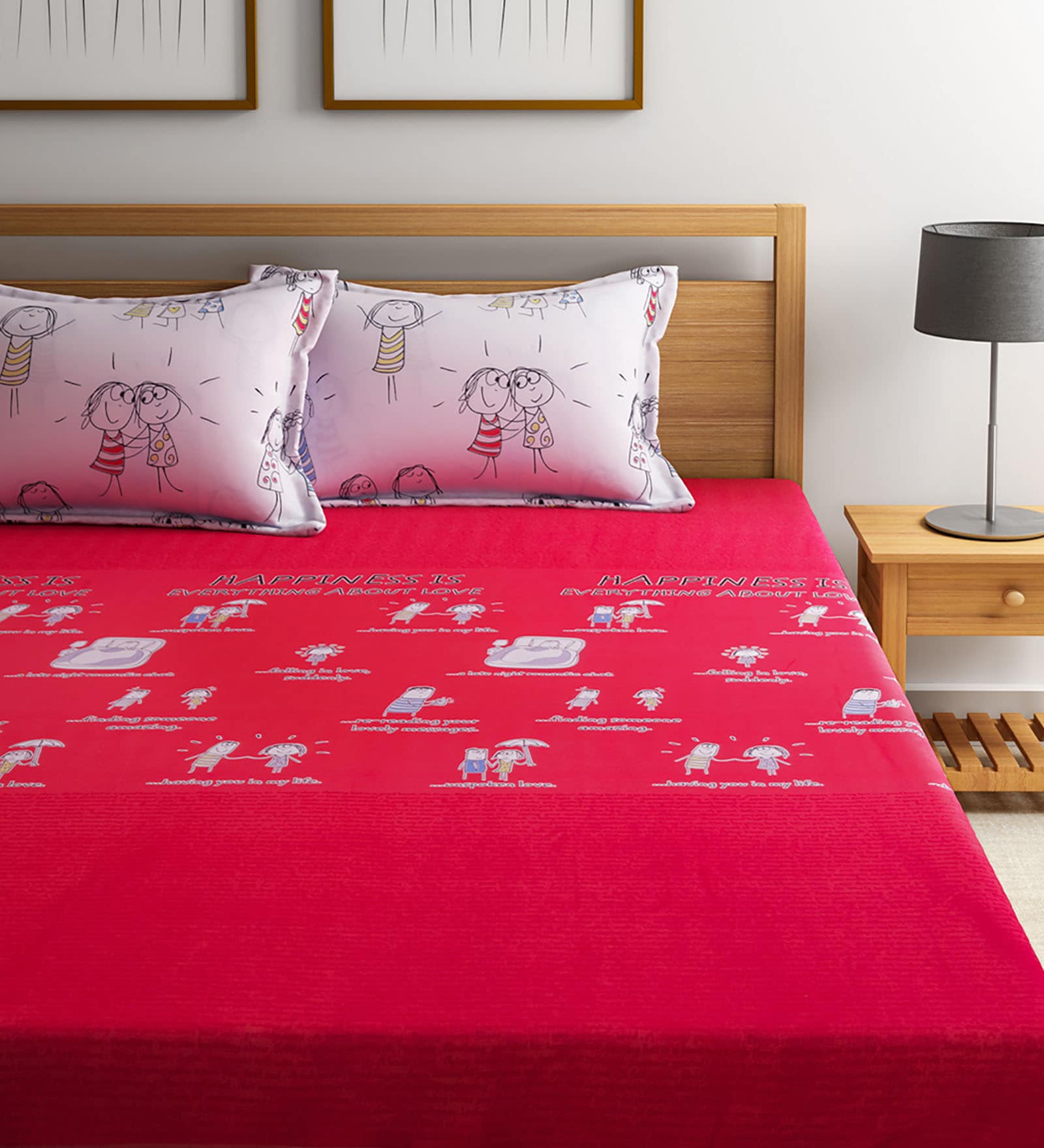 Buy Red Cotton Queen Size Happiness Is Bedsheet Set of 3 by Stellar Home Usa Online Abstract