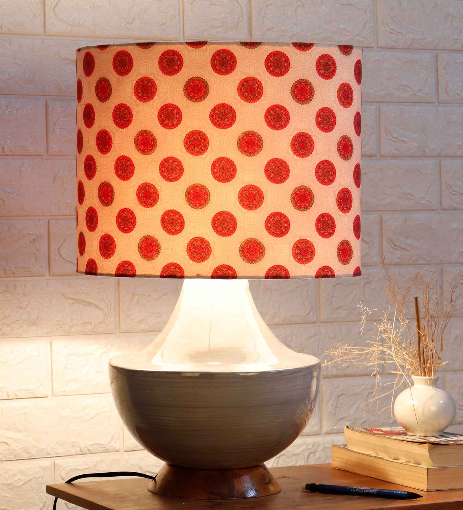 Red Cotton Shade Crafted Table Lamp with Grey Base