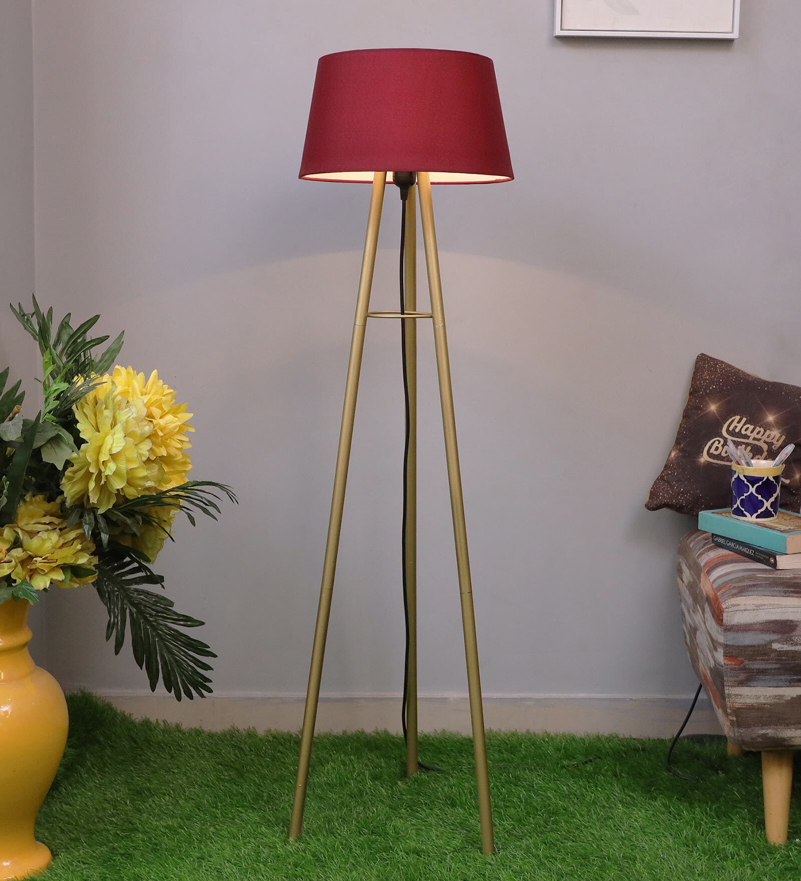 Shady Red Cotton Shade Tripod Floor Lamp With Metal Base