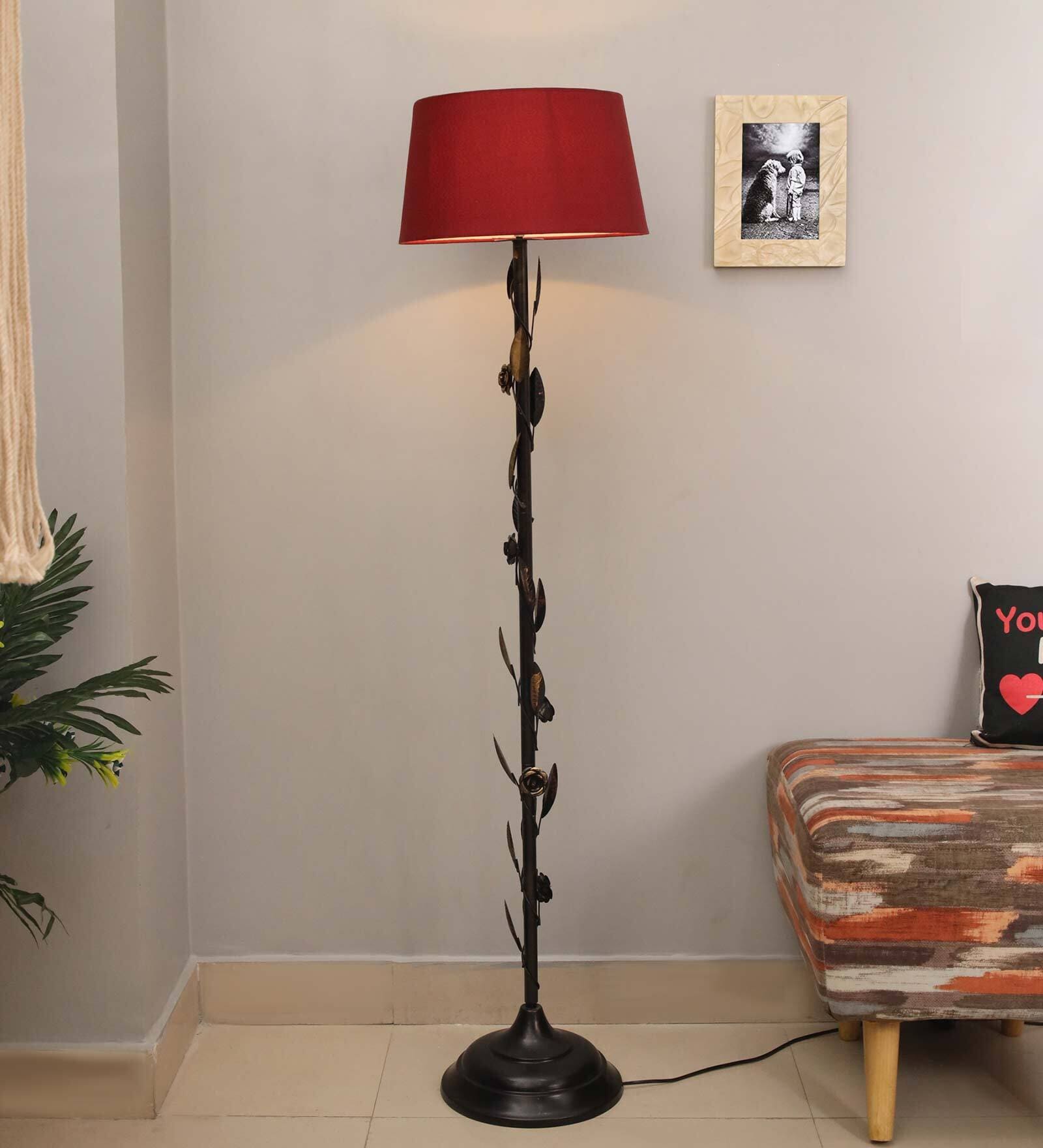 Red Cotton Shade Floor Lamp With Metal Base