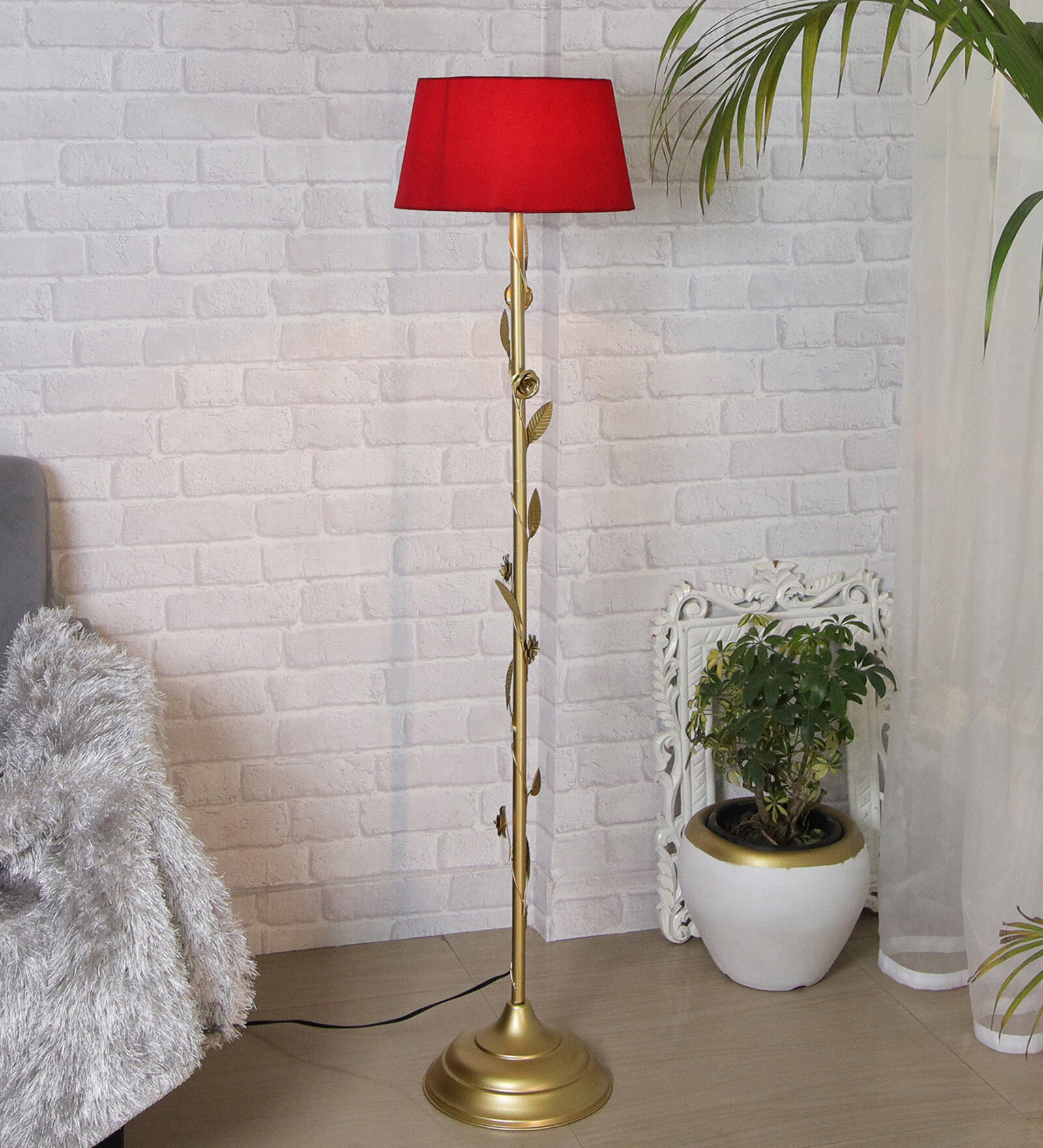 CPL Red Cotton Shade Club Floor Lamp With Metal Base