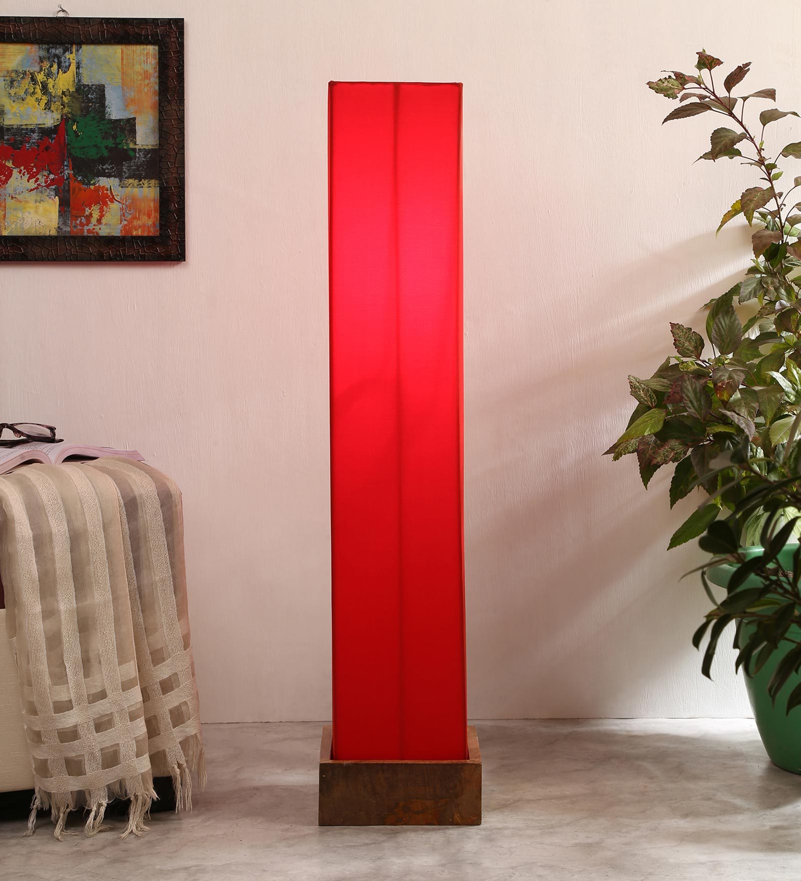 Blender Red Cotton Shade Column Floor Lamp With Wood Base