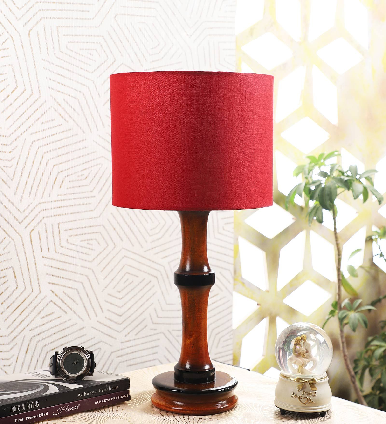 Red Cotton Shade Table Lamp with Wood Base