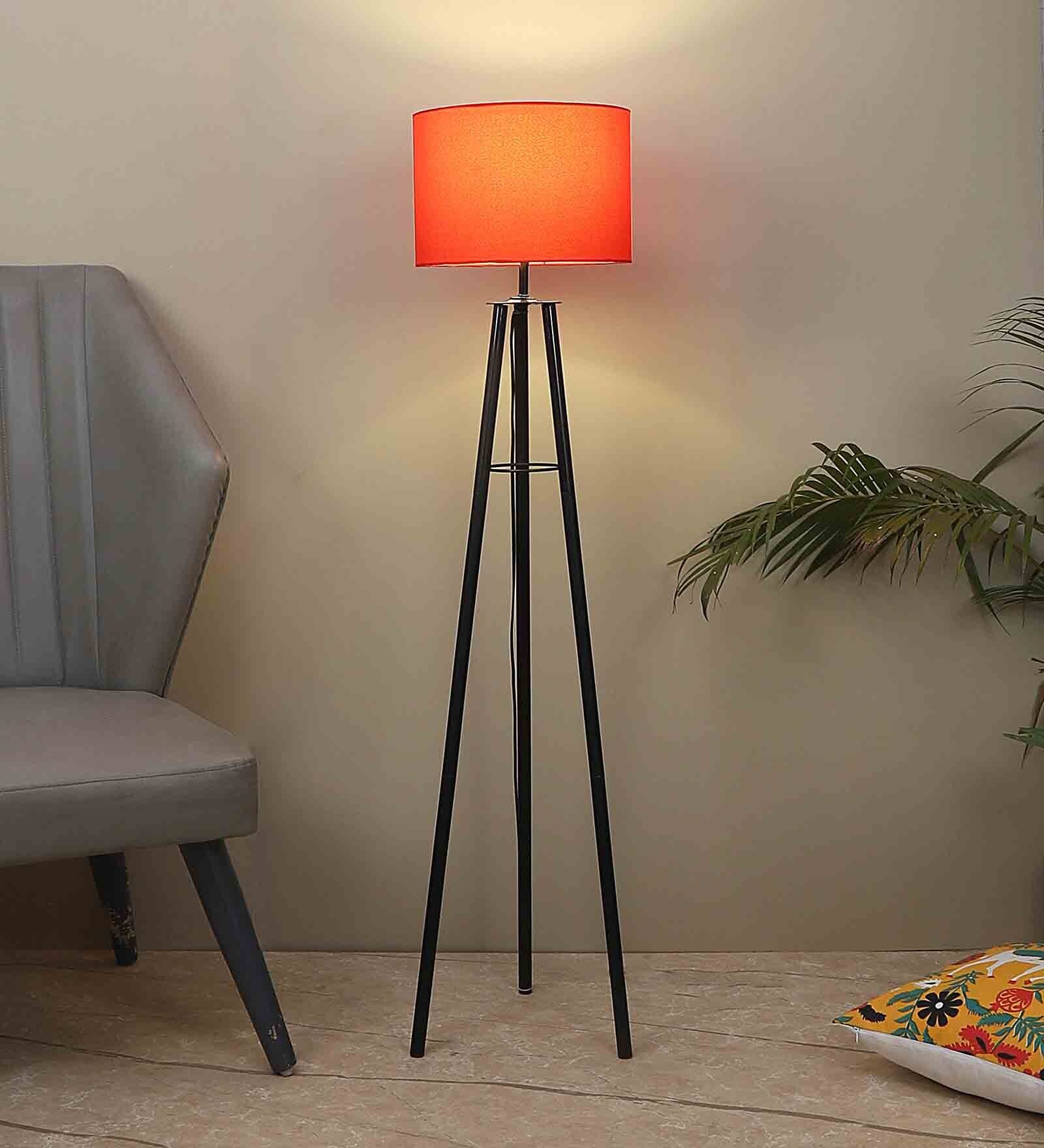 Red Cotton Shade Tripod Floor Lamp Iron Base