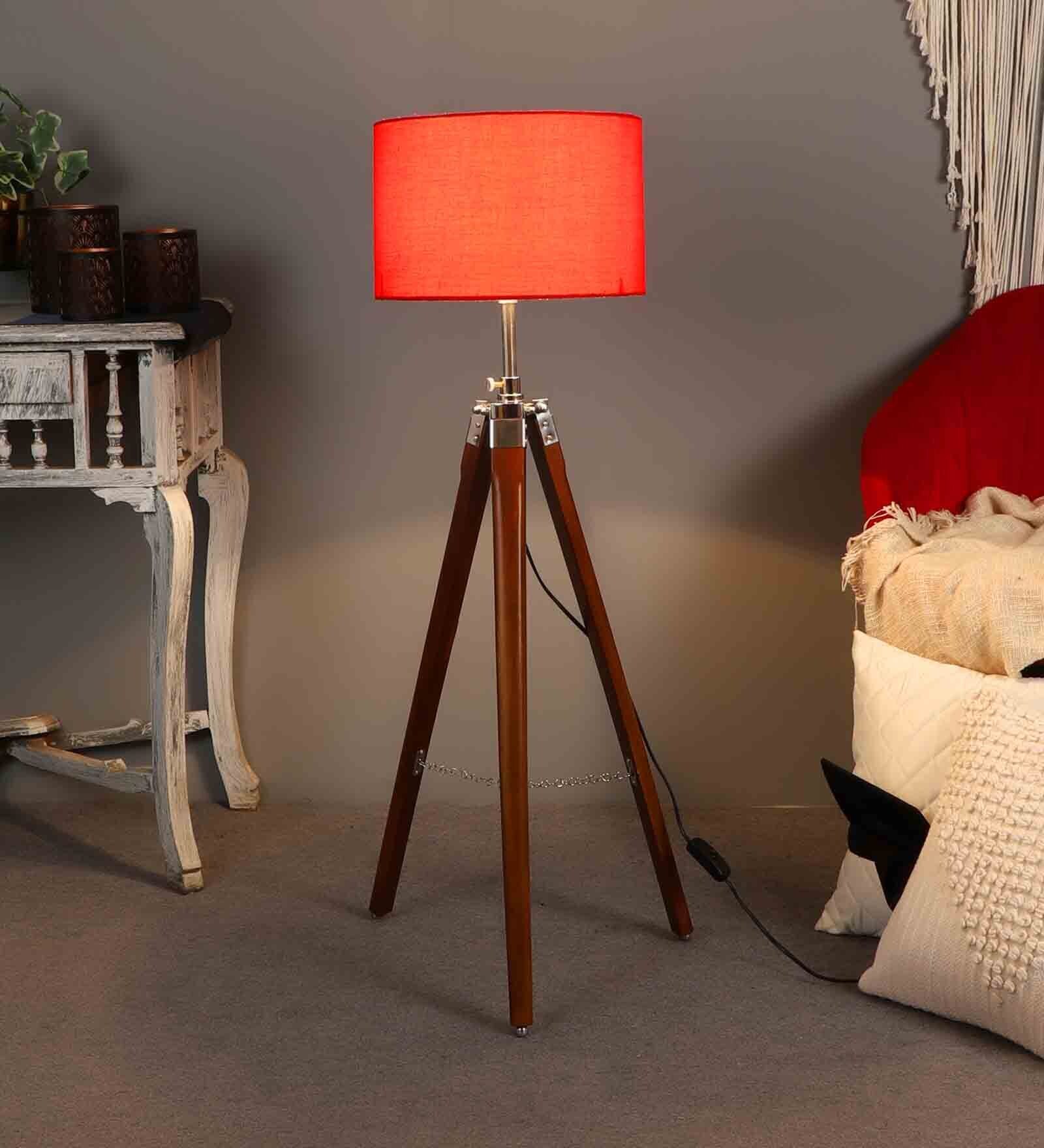 Red Cotton Shade Tripod Floor Lamp With Mango wood Base