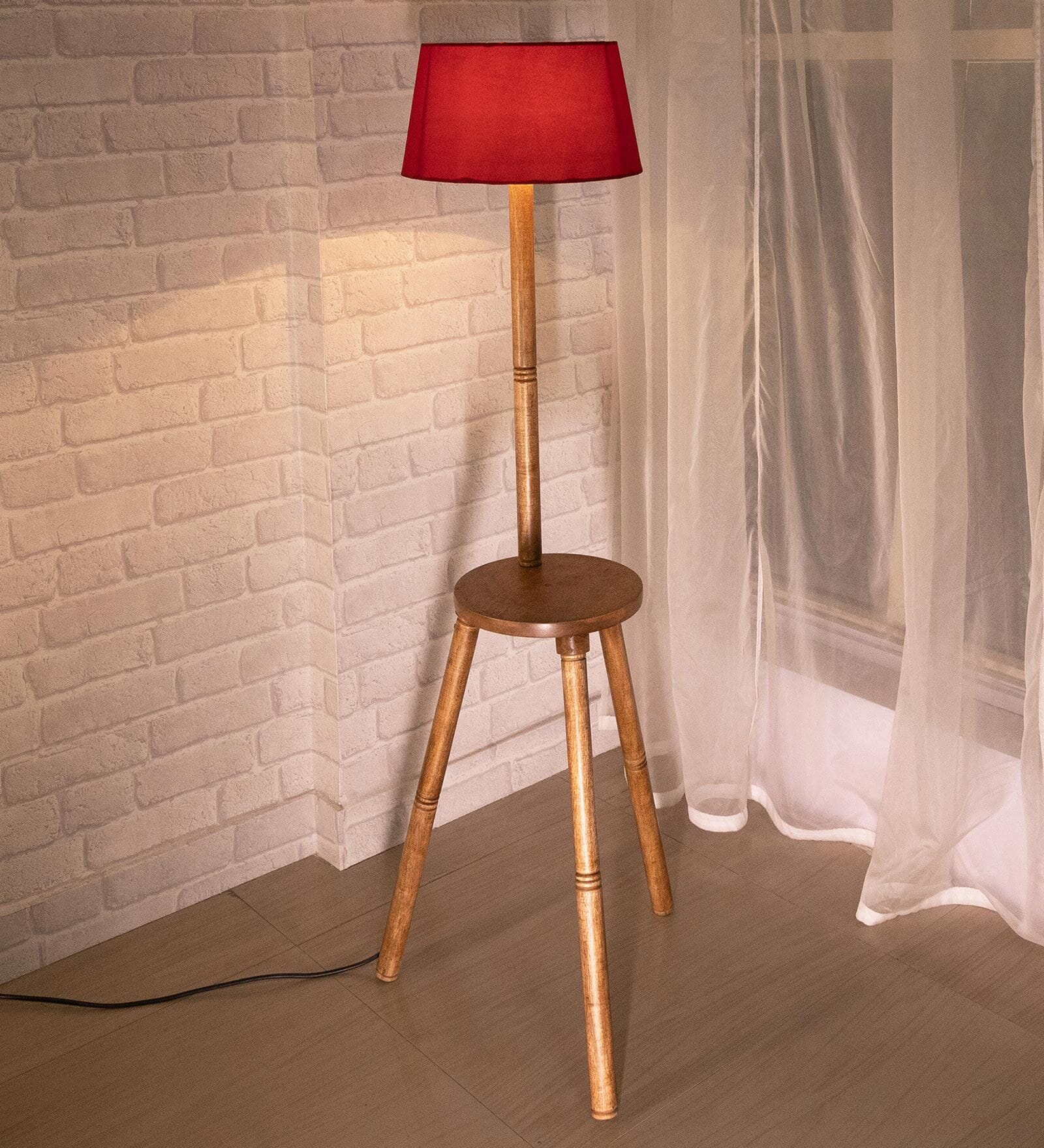 Red Cotton Shade Tripod Floor Lamp With Wooden Base