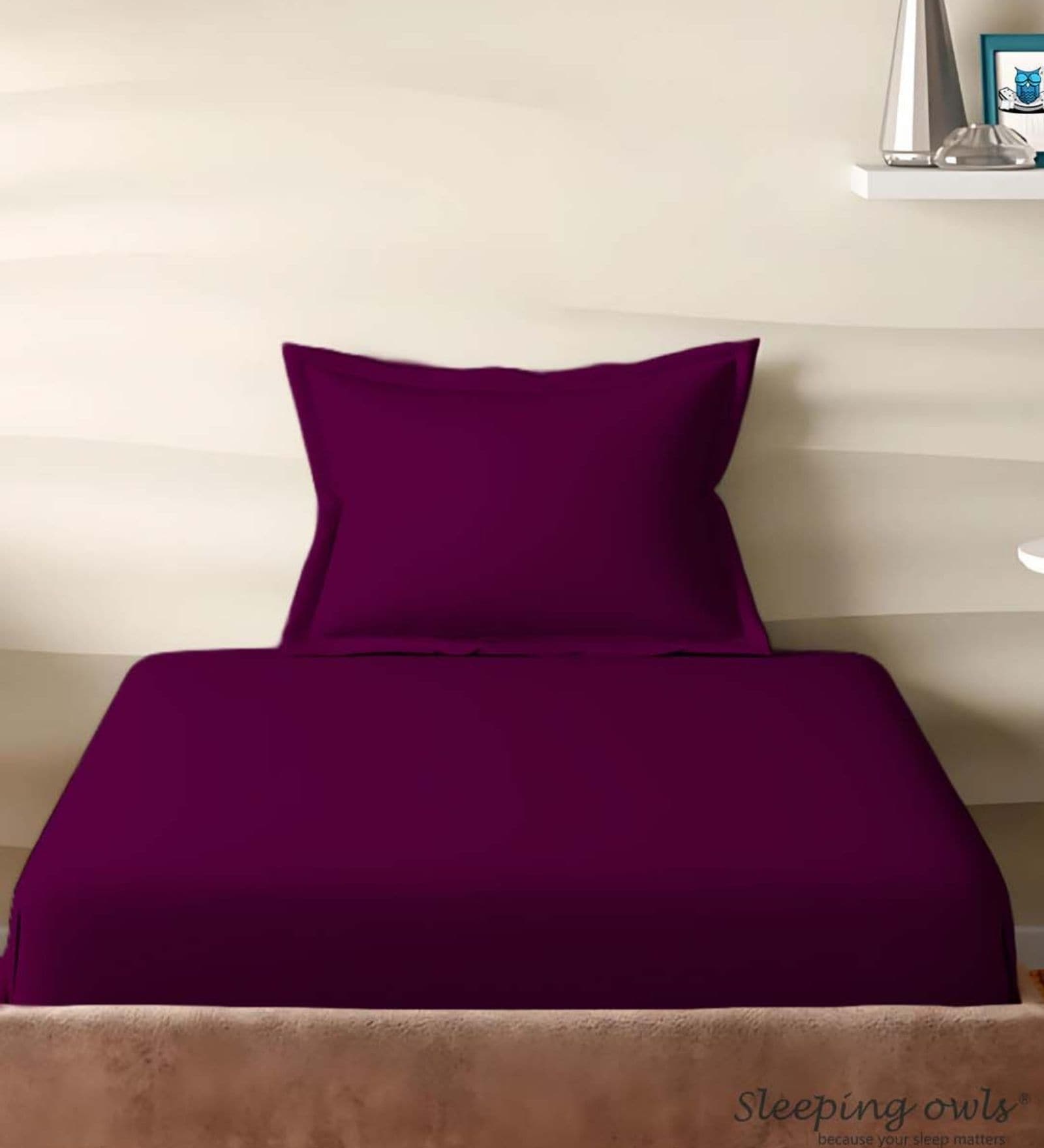 Purple Cotton Solid 210TC Plain Single Bedsheet with 1 Pillow Cover