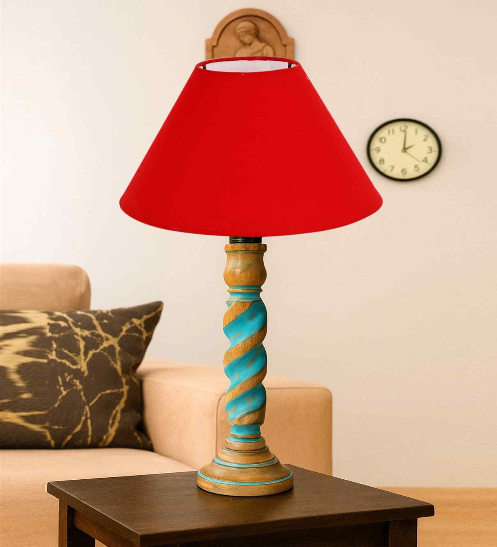 Red Cotton Table Lamp With Wood Base 10X19 Inches Red Cotton Table Lamp With Wood Base 10X19 Inches